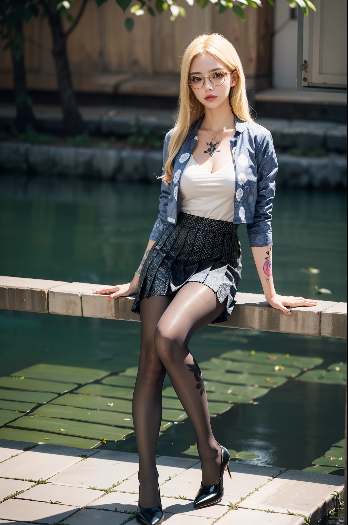 (full body:1.5),(((only one girl)):1.4),(view the viewer:1.4),((anatomy correct):1.45),(((Sitting in the Lotus Pond, Perfectly integrated background))):1.3),(she wears large glasses and Holding book in her hand:1.2),(shy:1.15),((Student pleated skirt's set):1.2),(((((((patterns)))))) ,((thick pantyhose)):1.3),(((tattoo)):1.3),( Uniform high heels leather shoes with bows for female students:1.1),((Long legs and large chest):1.3),((((colorful))):1.3),(Accurate and perfect face:1.3),((blonde):1.2),hyper HD, Ray traching, reflective light, structurally correct, Award-Awarded, high detail, lighten shade contrast, Face lighting ,cinematic lighting, masterpiece, super detailing, high quality, high detail, best quality, 16k,High contrast,