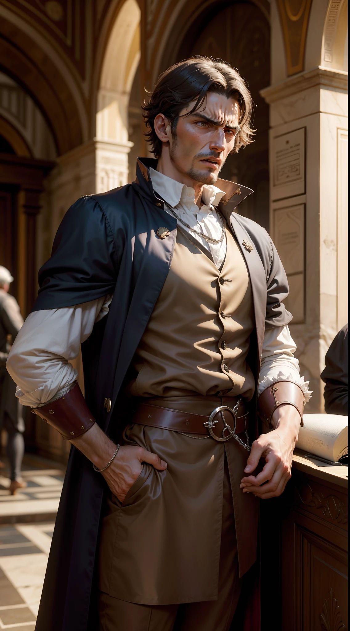 Girolamo Priuli, 15th century, medieval, age of exploration, old, age of 23, man, Florence, Italian, furious, angry, unstable, hysteric ,financier and banker, background is Lisboa