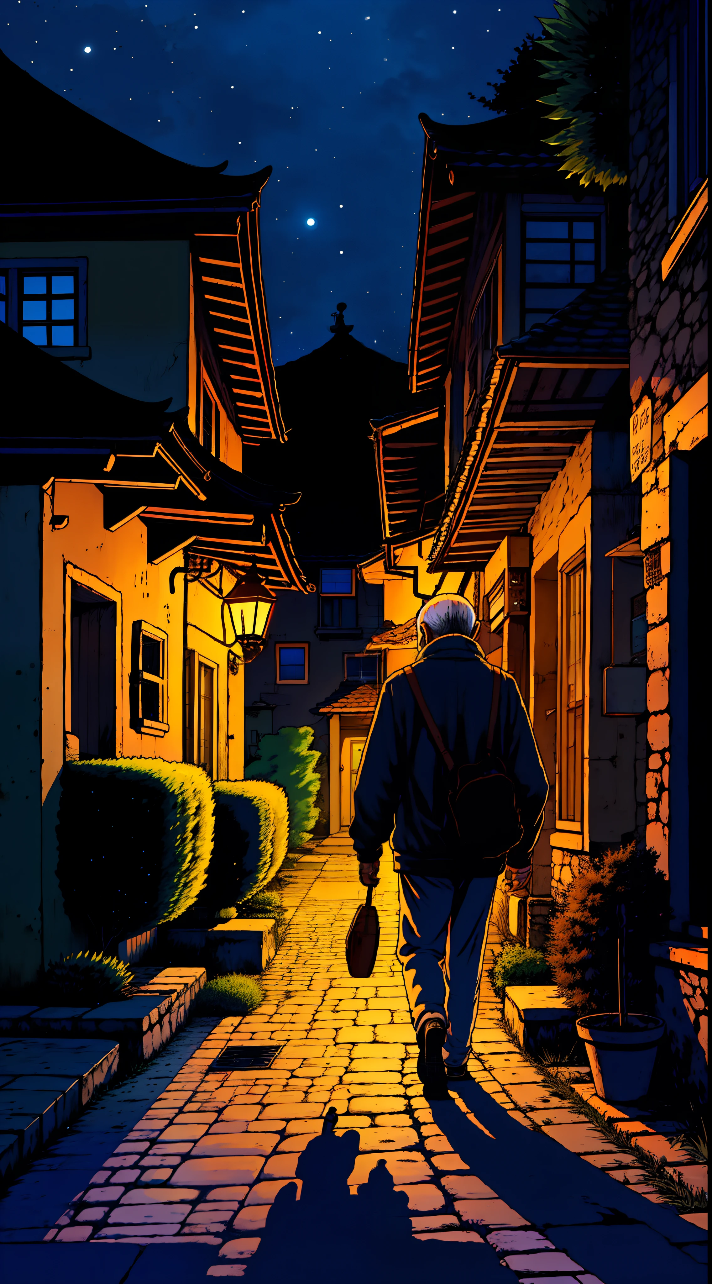 An old man returning to his home from street,  night