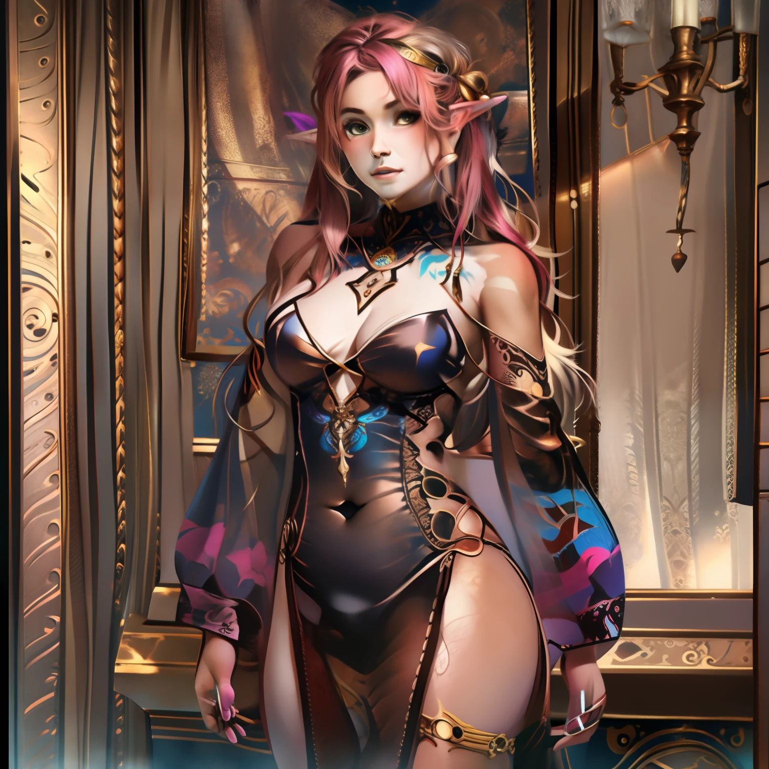 Tattoo futuristic Latin fairy, full body length standing of a photorealistic beautiful woman, character sheets, proportionate, intense coloration fantasy, Light hair, A stunningly realistic and beautiful photo  , bubblegum pink colored hair, upper class fashion, greene eyes, full bodyesbian, cover, The dress design has a fractal elf dust and tile function, Hyperdetailed painting, Luminism, rendering by octane, Bar lighting,  complex, {{Martin Ansin}}, 8k resolution concept art portrait by Martina Fačková and Prywinko Art, Art germ, Phlegm sputum, phlegm, Alphonse Mucha, little fusion pojatti realistic  steampunk, fractal isometrics details bioluminescens :  hypereallistic cover photo awesome full color, handpainted, Dark, grittiness, Realistic Mucha, Klimt, davinci, erte .12K, Intricate. hit definition , Cinematic,Rough sketch, the mix of bold dark lines and loose lines, Bold lines, On paper , human beings in real life, Bold colors on dresses,