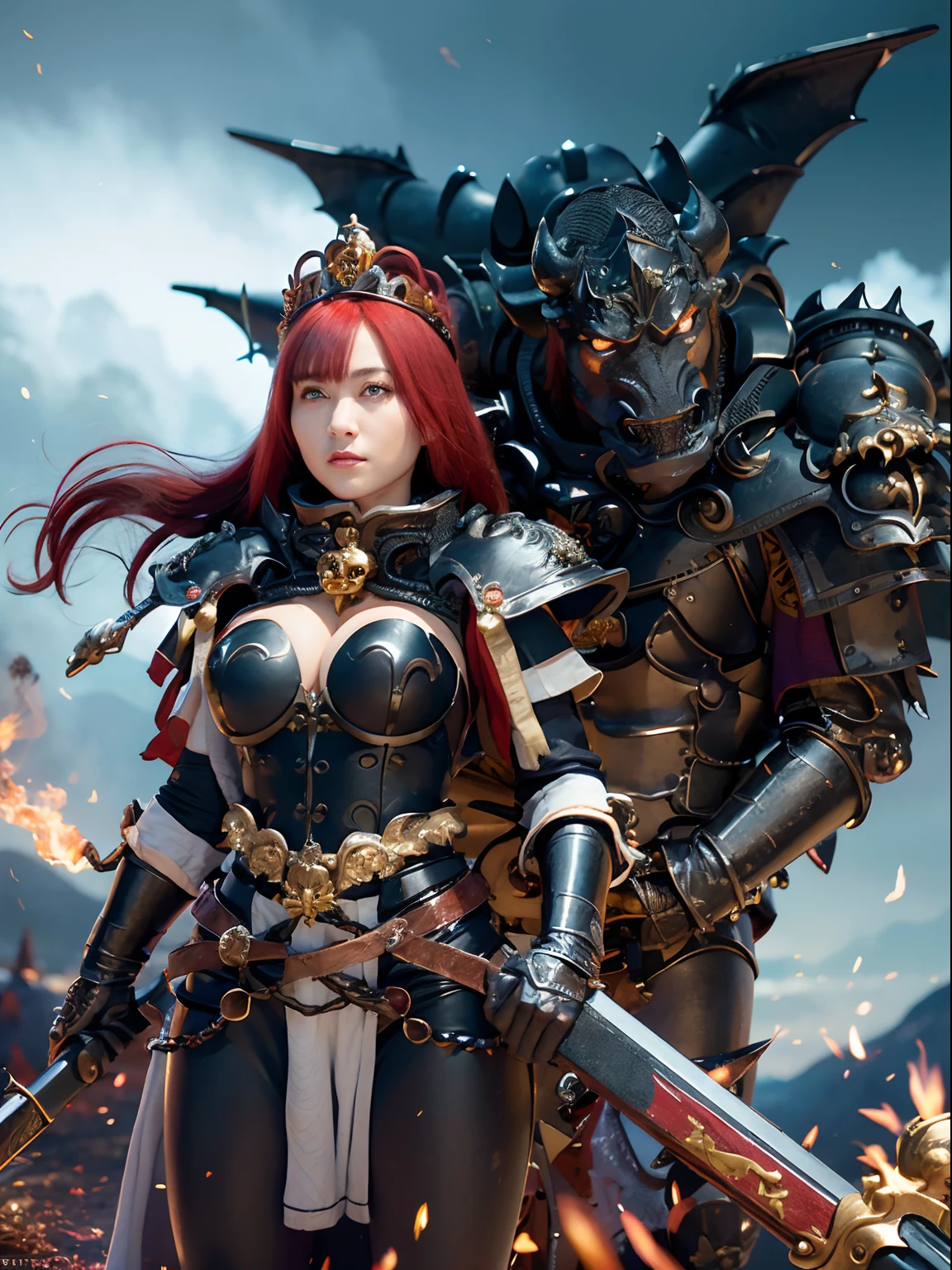 (masutepiece), Professional , masterpiece、top-quality、photos realistic , depth of fields 、(Dragon Black Metal Body:1.9),(Matte Blue Black、(cleavage of the breast)、Dragon Gold Weapon(Dragon Metal Body:1.4),Gorgeous gold weapons ,(( Dragon's dense and gorgeous sword)) , (demonic wings) ,warhammer 40k , adepta sororitas,Detail and gorgeous crown、((Red hair))、(Castle background)、((Gangle's forest background))、Beautiful Caucasian beauty、1a person、dynamic ungle,(((Detailed and ornate Black Dragon Crown)))、Smaller head、A smile、Castle background、Thin and beautiful female hands、cleavage of the breast、Soldier in iron armor on background、Mystical expression、Light Effects、intense fighting、Wind-effect、magic circles、With the legendary magic wand、Dragon's tail、