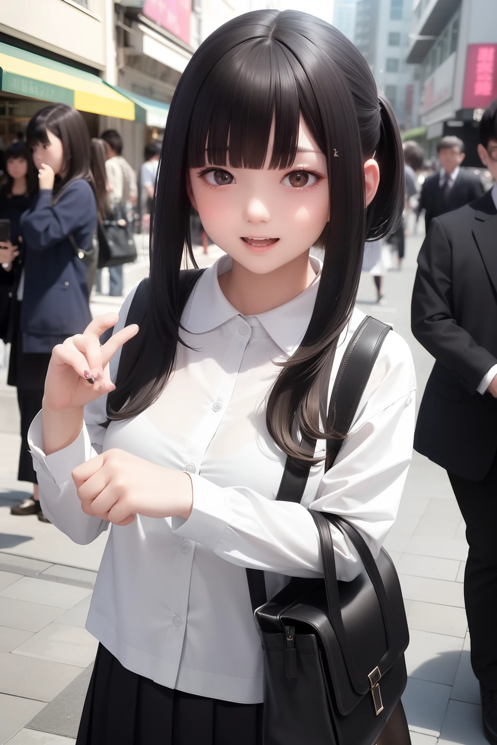 Photo Real、photoRealstic、ultra-detailliert　A dark-haired、Short side hair、Lots of side hair、Blunt bangs、Long ponytail　Narrow-eyed、with round face、Plump cheeks　skinny  body、sixteen years old、large full 　Clothes with a white collar、Black skirt　Laughing expression、 expressions to enjoy、Have fun　Background with、In the street、It is crowded with people