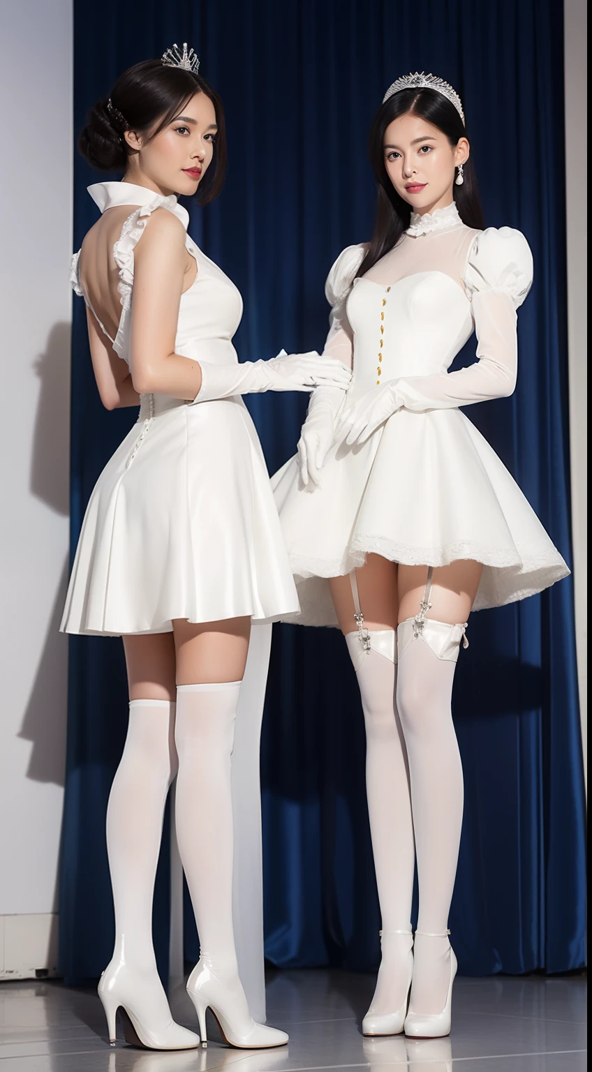 femele,Wear a tight-fitting wedding dress and a neck blouse,Long over-elbow patent leather gloves,Wear a metal chastity belt on the lower body,White patent leather over-the-knee stockings,Contains faces,Contains legs,Contains feet,Spread your legs,the hair,Princess Crown,Full body front image