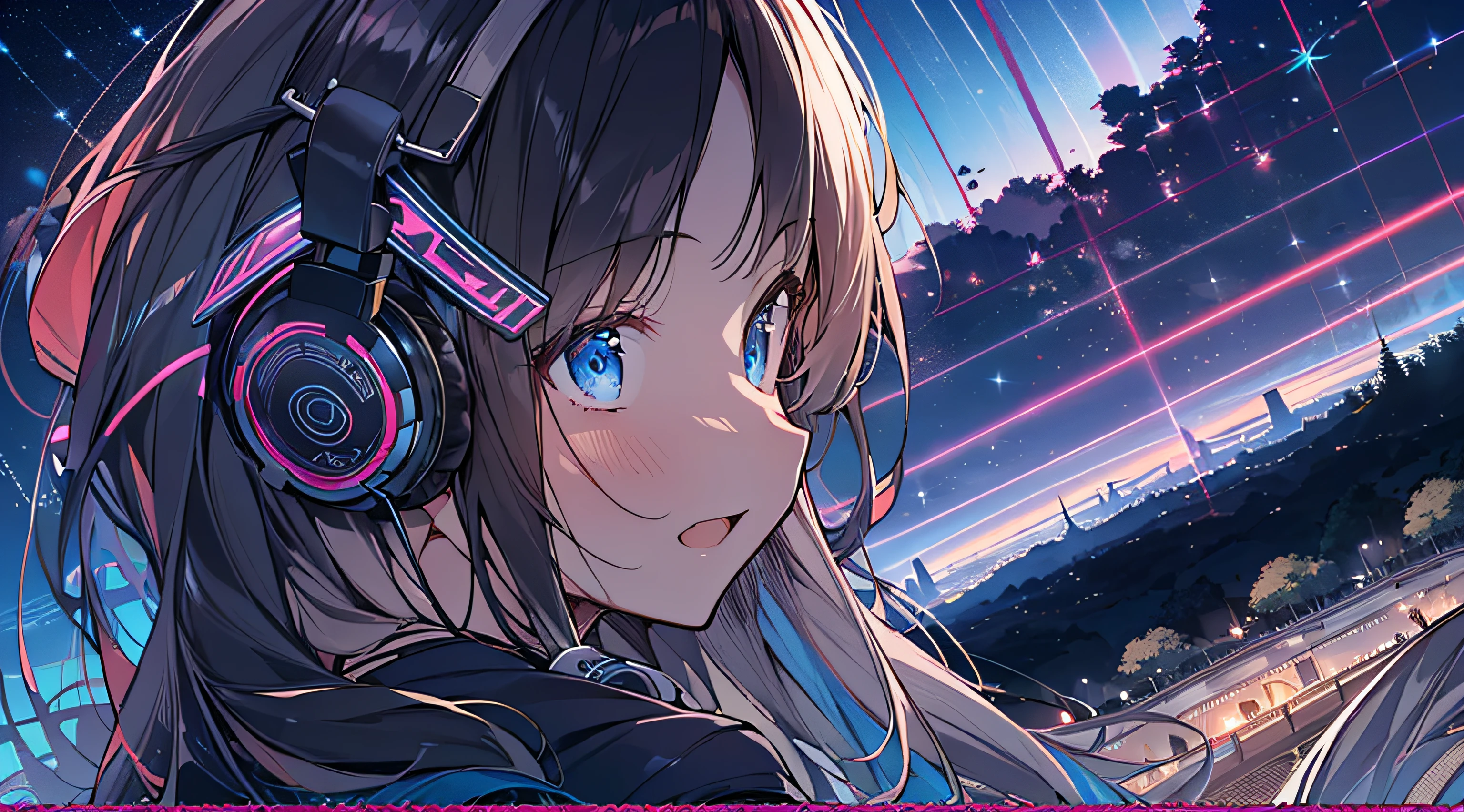 masutepiece, Best Quality,Illustration, Wallpaper, Ultra Detail, absurderes, 1girl in、 (shoulder-length hair、Half-up dark hair color), Beautiful ultra-detailed eyes、nffsw、Smaller head、Beautiful night sky、(a panoramic view:1.5)、headphones、Rear view