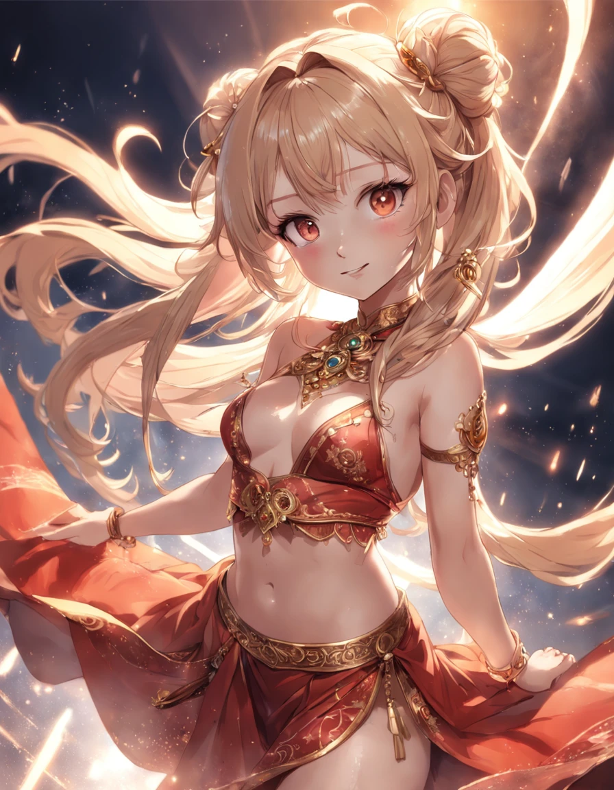 hyper detailed illustration, Dynamic Angle, Dancing smiling girl, Belly dance, Clear Shawl, delicate hair ornaments, Elegant earrings, extra detailed face, Detailed transparent eyes with highlights, Crepuscular rays, Rembrandt lighting, powder light, Blonde, Twin-tailed, from the rear, Twin-tailed, red outfit, Twin-tailed, Perfect fingers, Twin-tailed, jump, Twin-tailed, masutepiece, Best Quality, Anatomically correct, high details