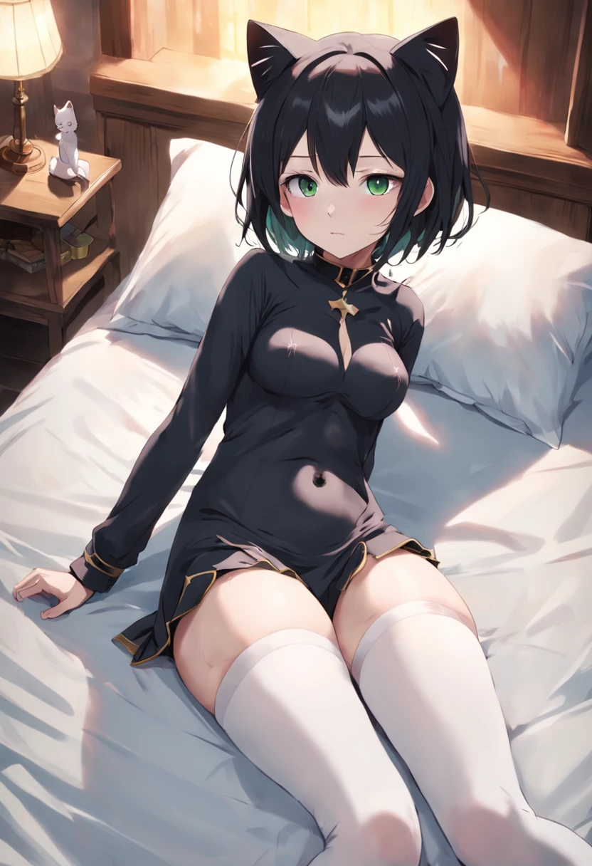 Has black cat ears and a cat tail。Two li lying on the bed,Has short black hair,The eyes are green,Wear white stockings on the legs,revealing breasts