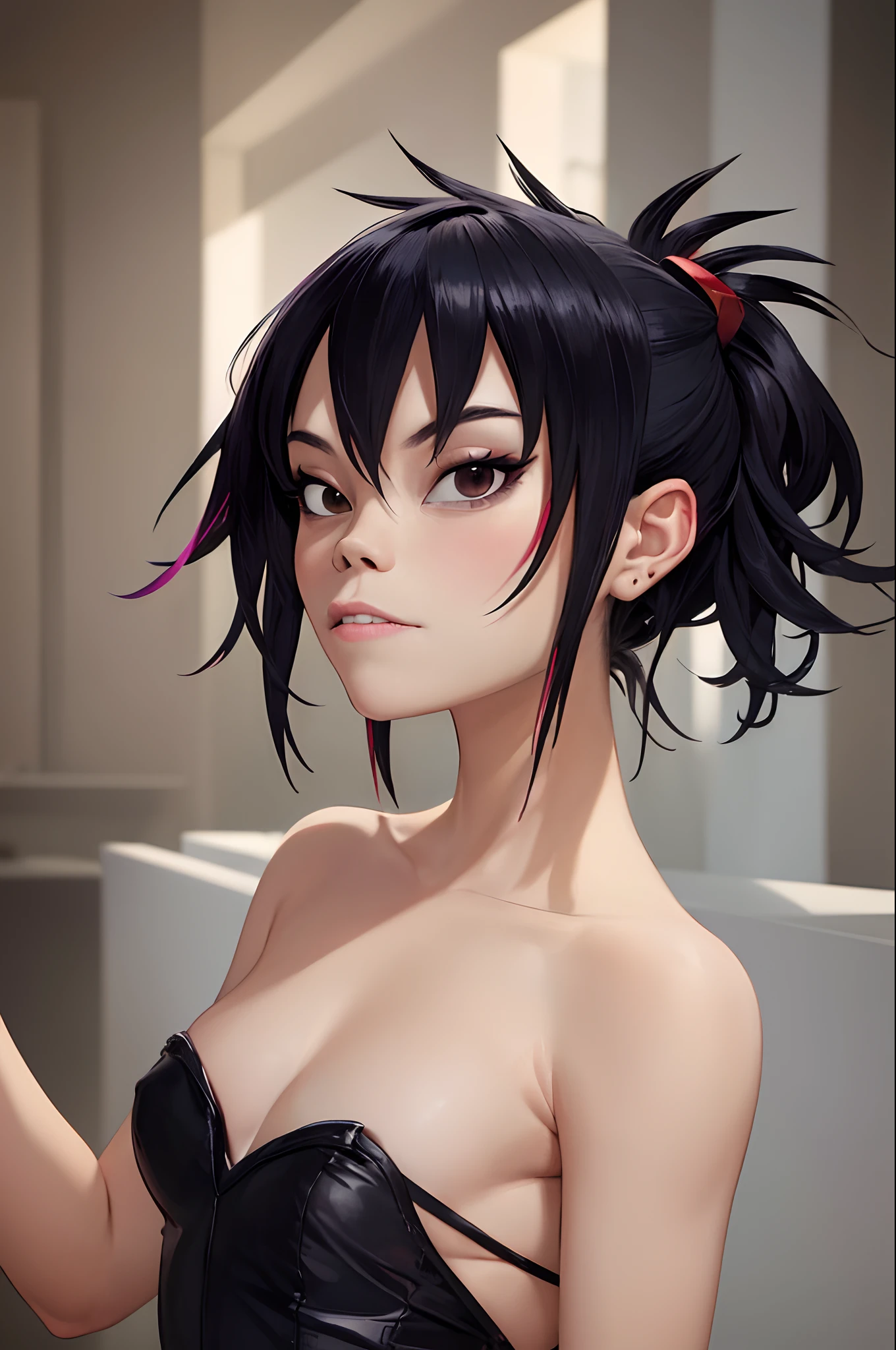 (masterpiece, best quality:1.2),  noodle (gorillaz), black hair, 1girl, gloves, short hair, streaked hair, black eyes, multicolored hair, looking at viewer,  bangs,  parted lips, breasts, small breasts,  bob cut, wearing sexy maid dress in a sexy pose, 
good hand,4k, high-res, masterpiece, best quality, head:1.3,((Hasselblad photography)), finely detailed skin, sharp focus, (cinematic lighting), soft lighting, dynamic angle, [:(detailed face:1.2):0.2], medium breasts,(((inside mansion))),