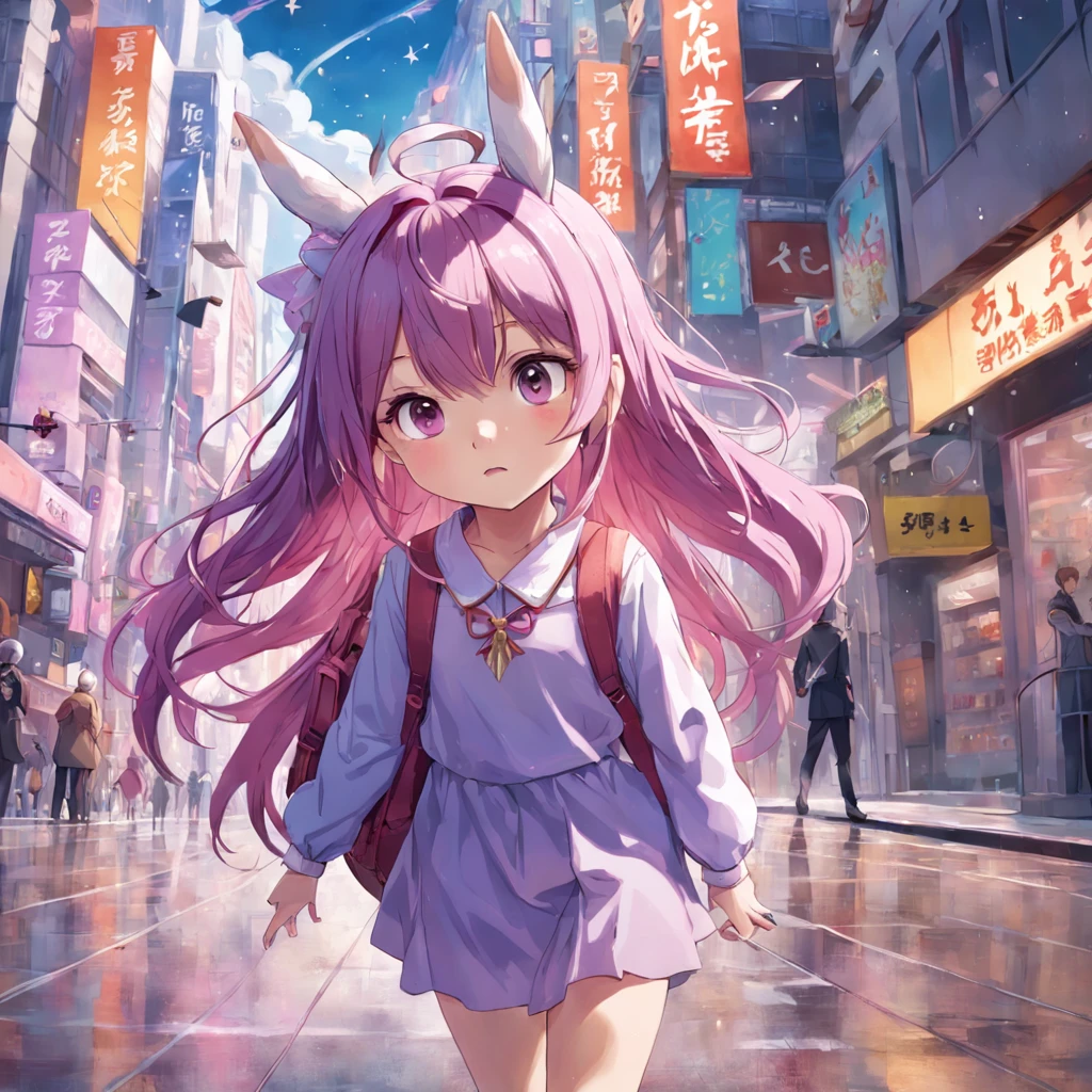 best qualtiy，超A high resolution，unicorn，Burst mode，Purple colored hair，It's a little girl in the third grade，Lilac dress，Carrying a red school bag