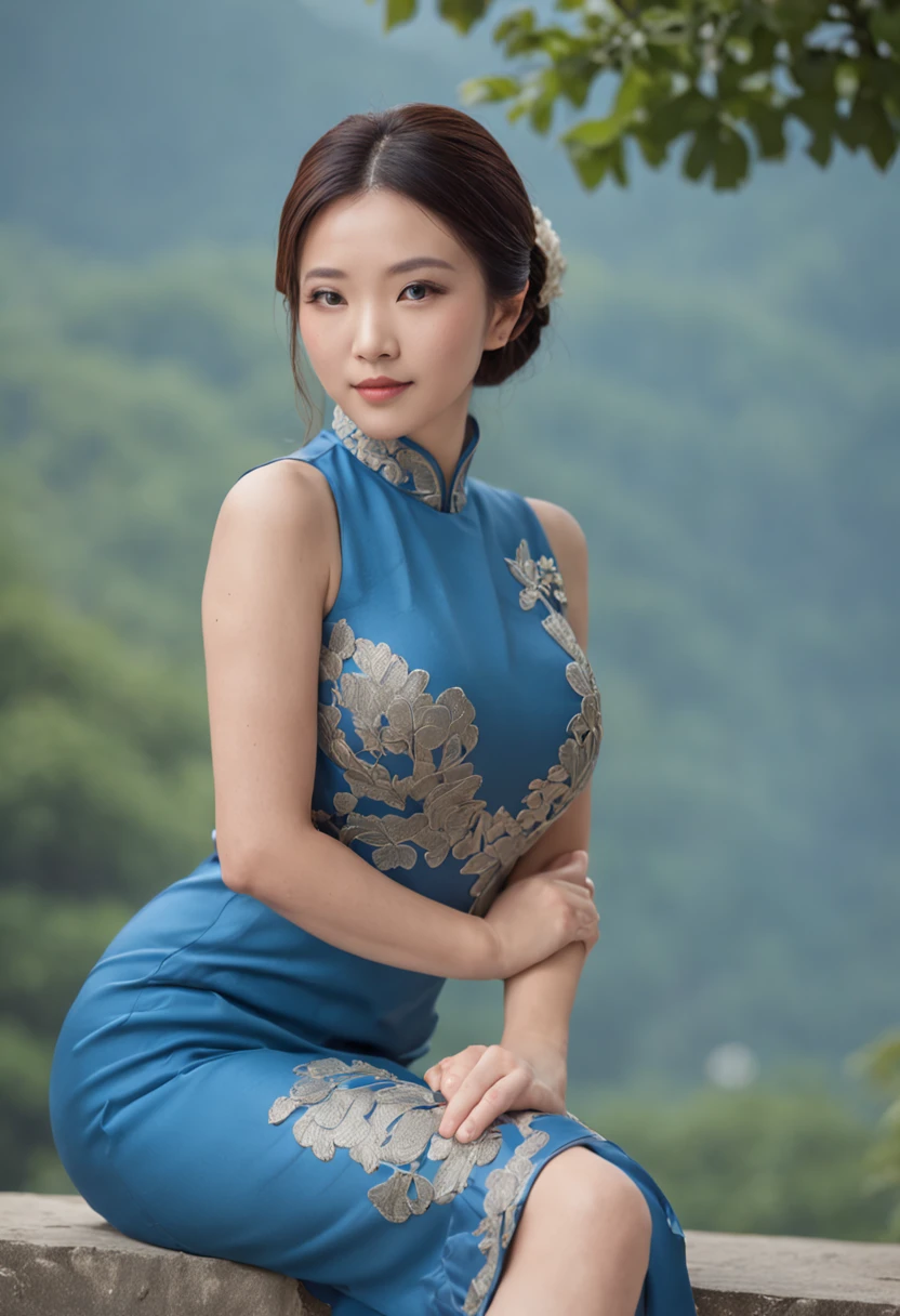 arafed woman in a blue dress posing for a picture, xintong chen, personal profile picture, Chinese woman, ruan jia beautiful!, profile photo, trending photo, Yun Ling, wearing a blue qipao dress, full-body xianxia, Gorgeous lady, wenfei ye, in style of lam manh, inspired by Leng Mei, Chinese girl