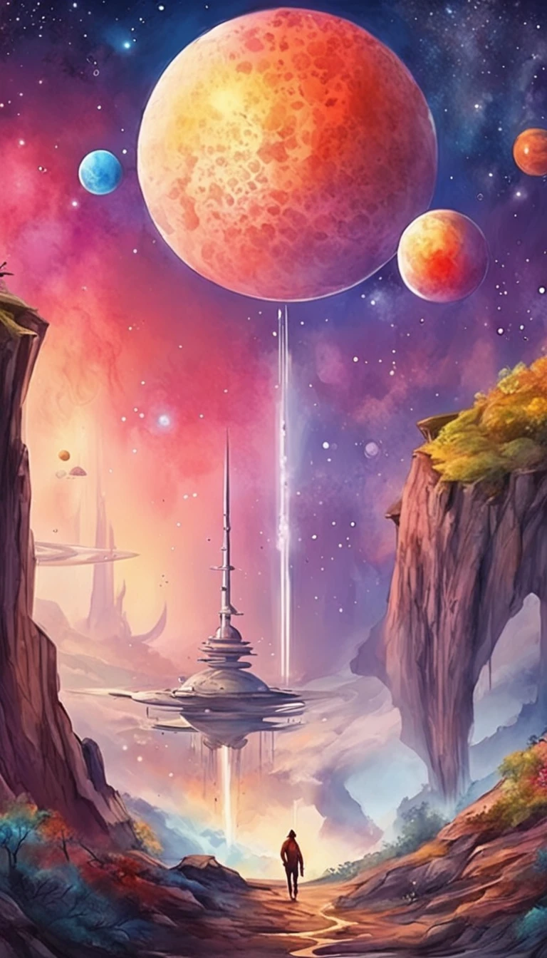 Colorful futuristic space illustration,There's a planet in the middle, a beautiful artwork illustration