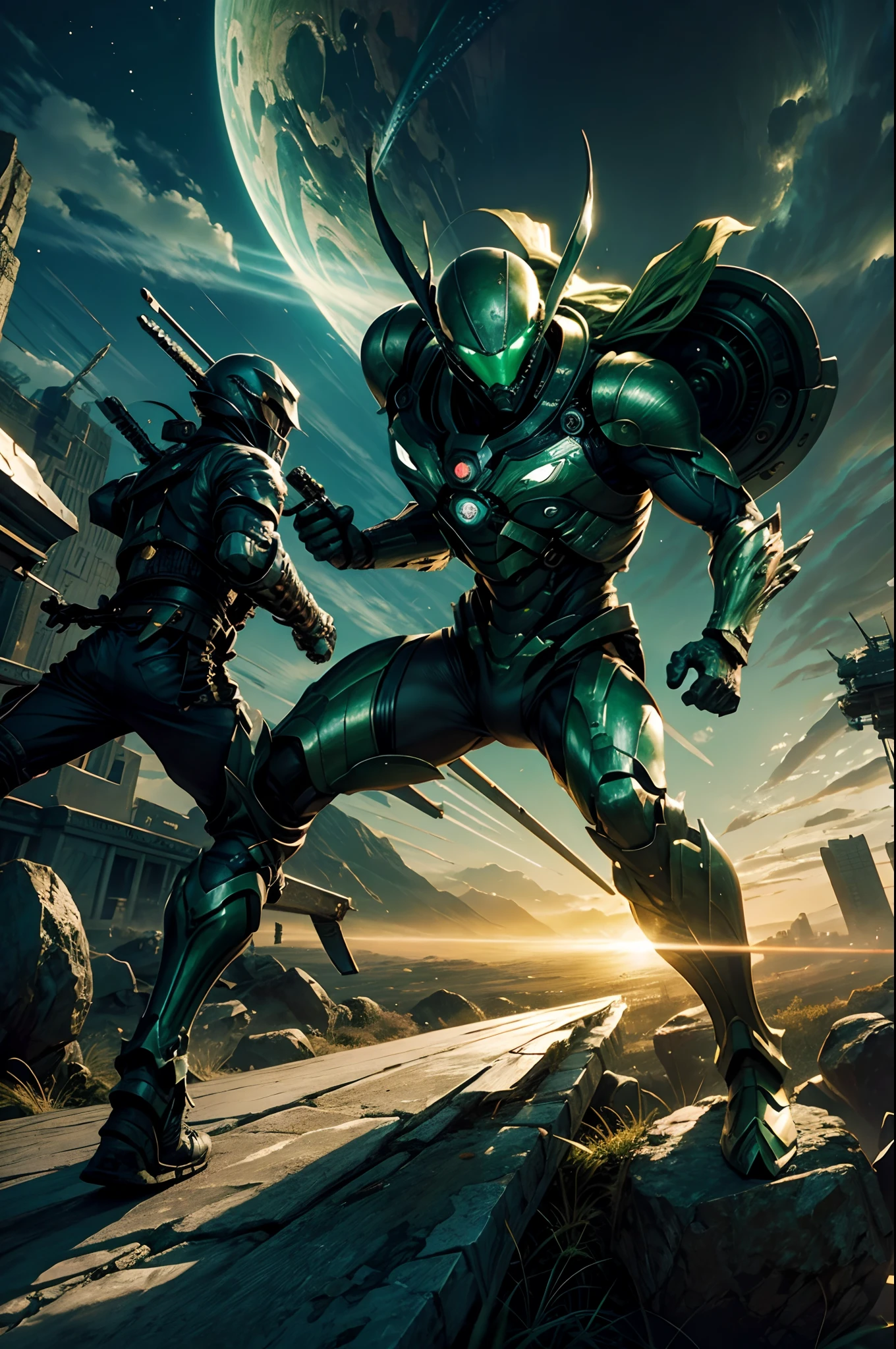 ​masterpiece、top-quality、Alien Warrior、green colored skin、Rich in nature、battle field、Unknown Planet、full body Esbian、Dynamic angles、Dynamic Poses、