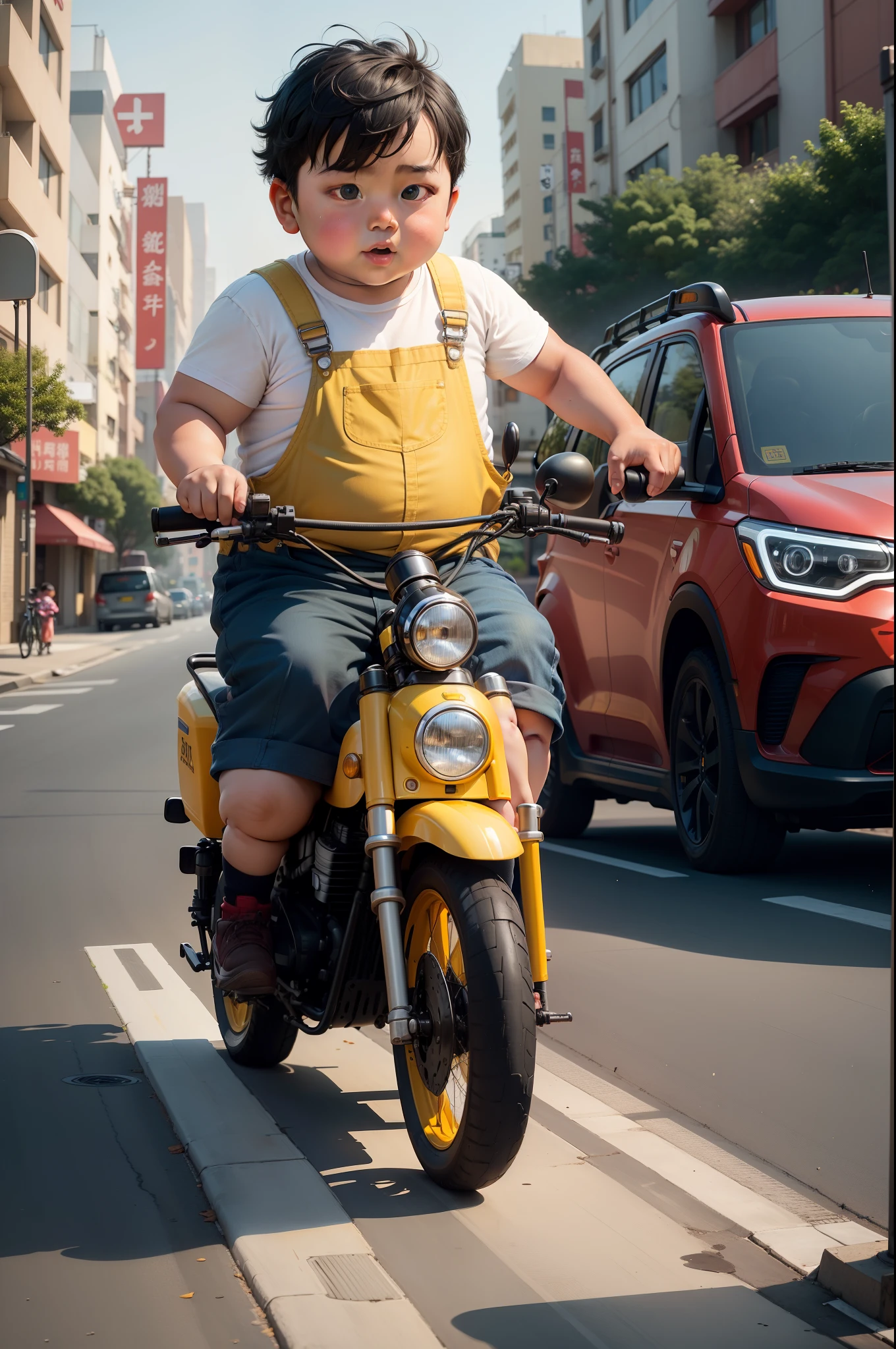 A slightly chubby boy of 3 in China, Wear yellow overalls,Wear a safety helmet,Delivery boy,Ride an electric car,There is an incubator for takeout in the back seat of the car,On the street,Black hair, adolable, with brown eye,by Pixar, tchibi,frontage,Full body portrait