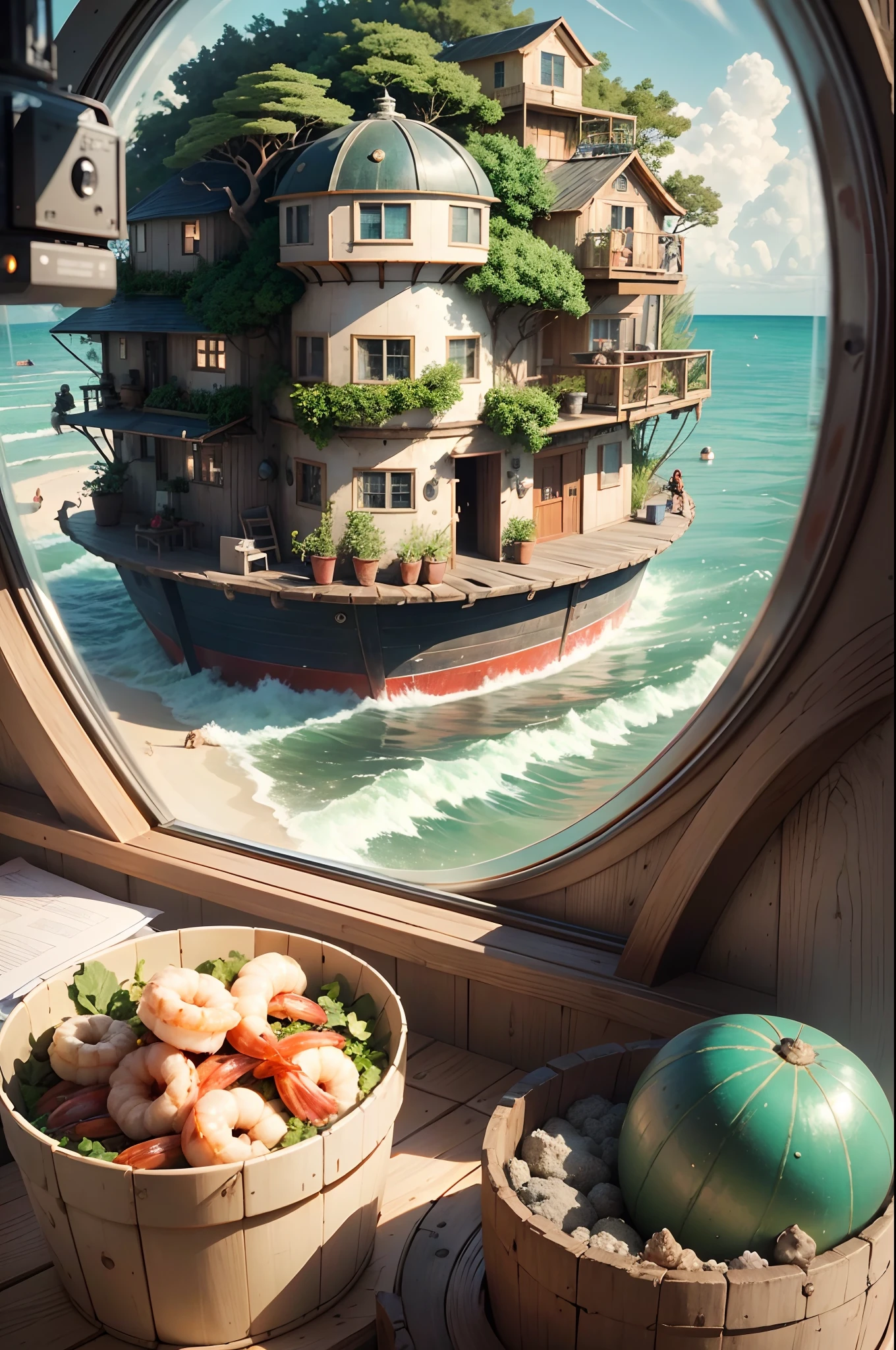 Pixar style, Studio Ghibli, happy community of multi-racial people living in their own atoll, white domed houses surrounded by gardens, floating shrimp and oyster farms inside the atoll, many children help adults or play on the ocean, 4 HD result, cinematic style photo, greeble, ray tracing, in the style of realistic lighting with chiaroscuro, detailed facial features, marcin sobas, jagged edges, flickr, Thomas Saracenus, close-up intensity, 1/200 s, ISO100, shot on Canon EOS R at 50mm f/ 1.8, f/2.2, sci-fi film, m42 mount, --auto --s2