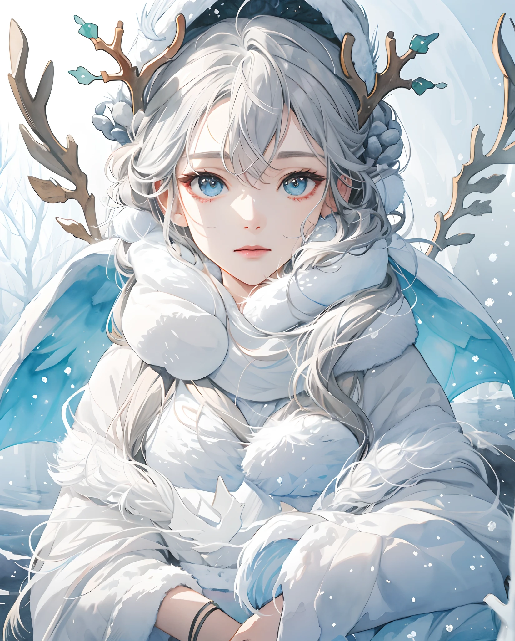 (Need),(tmasterpiece:1.2),(a color:0.5),(Splash ink),(Splash color),((aquarelle)),Clear and sharp,model shoot,(Goddess of winter:1.5),cuteexpression，Elegant gray hair，Delicate face and eyes，Elegant goddess costume，Winter forest background，Colored water