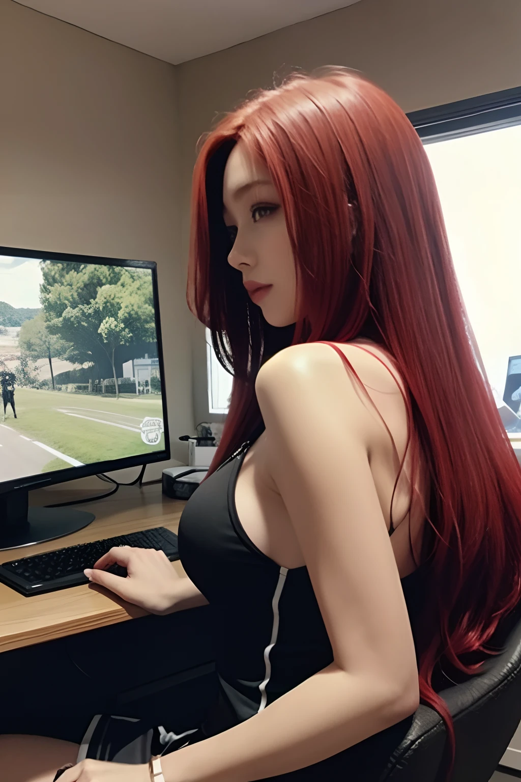 1girll,playgame,From the side,From behind, Red hair,Large display