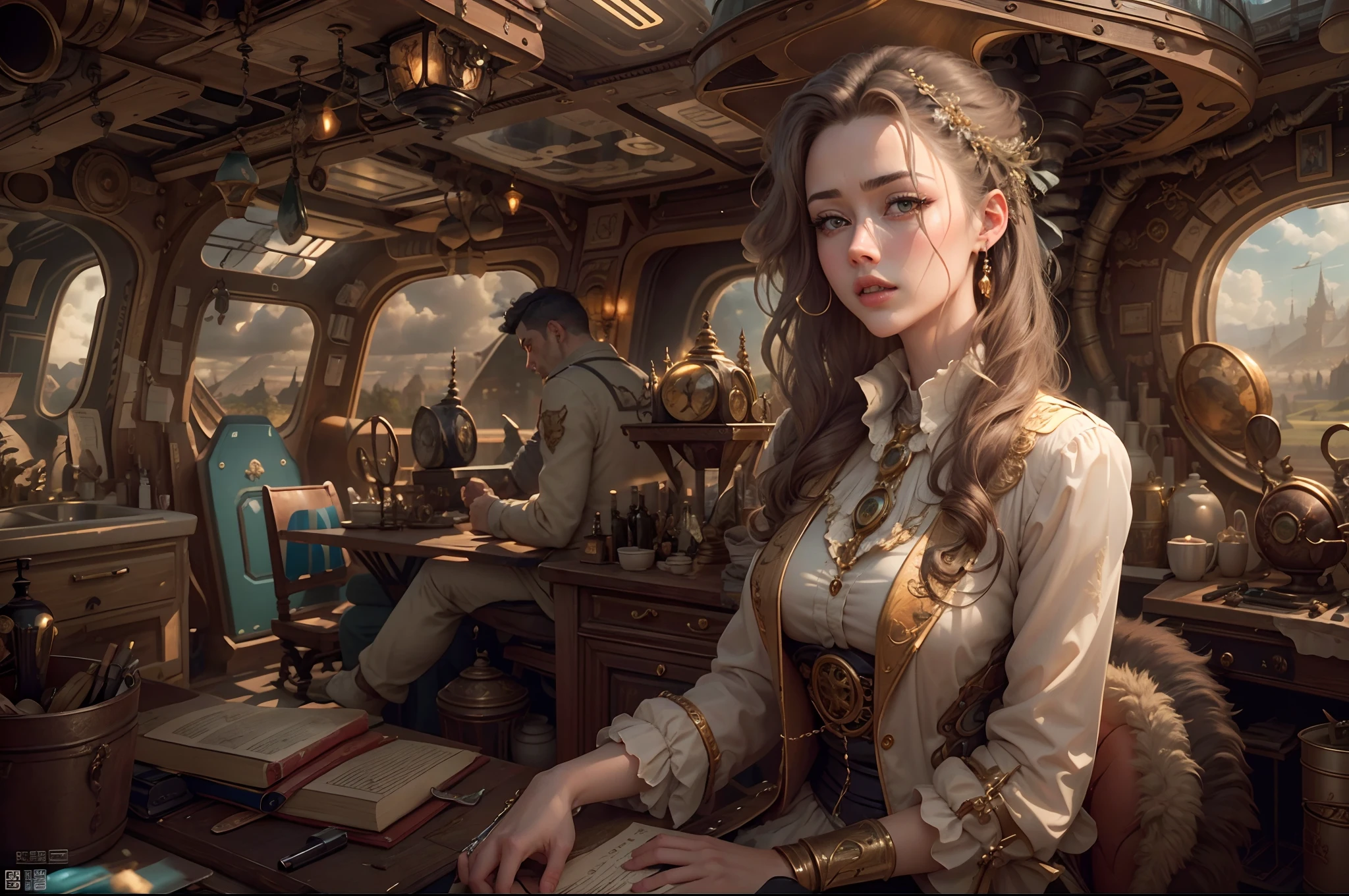best qualtiy,tmasterpiece,超高分辨率,(realisticlying:1.4),absurderes,(1 young couple repairing an airship in the manor,(Eye focus),sface focus, Clear facial features),(koh_amberheard:0.8),1 best long shot photo of Mechanical Airship Manor,Fantasy sci-fi vehicles,hyper realisitic,Complex design,insanely details,finely detailled,IvoryGoldAI,1 couple doing business on the estate
