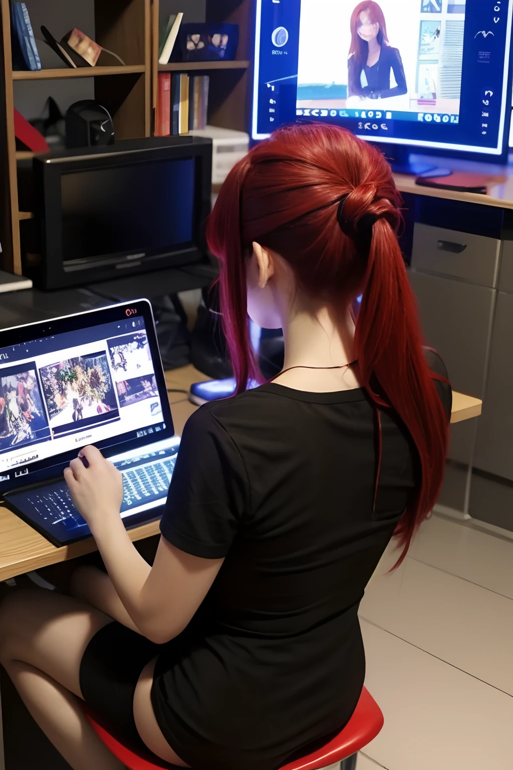 1girll,playgame,From the side,From behind, Red hair,Large display