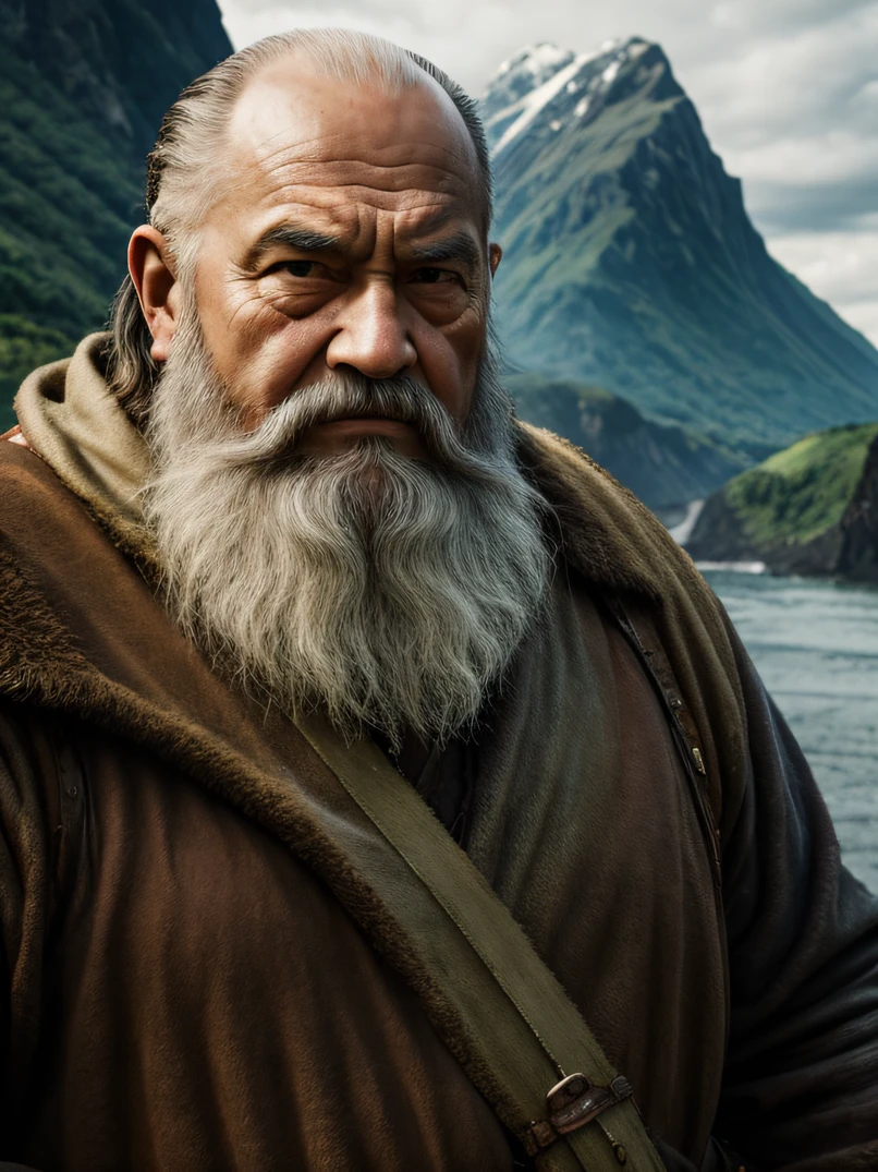 ((top-quality))、((masterpiece))、(inky)、Solemn and complex detailed soft oil painting、1man、(closeup portrait)、3/5 shot、Old Grizzle Medieval Warrior、War-weary elderly grandfather、war paint、well-muscled、Gray beard、Shaved head、top knot、Wet fur armor、tired eyes、Logging and grazing、(Dramatic rainy fjords、Ocean Channel、rocky hills:1.2)、at noon、broody、(Back lighting:1.3)、 hight resolution、depth of fields、(deep-shadows:1.2)、high detailing、foco nítido、suave、Roughness、nffsw、Real life、photorealisim、a picture、photographed:Lord of the Rings stills|God of War|Wrath of the Titans|lighthouse、watching at viewers、Detailed hand depiction