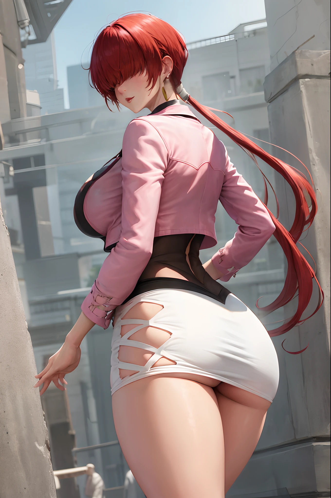 masterpiece, best quality, highres, she1, (hair over eyes:1.1), split ponytail, clothing cutout, earrings, jewelry, miniskirt, white skirt, leotard, pink jacket, long sleeves, cowboy shot, sexy pose, big ass,ass,thicc body,big breasts, hentai (lipstick:0.8)