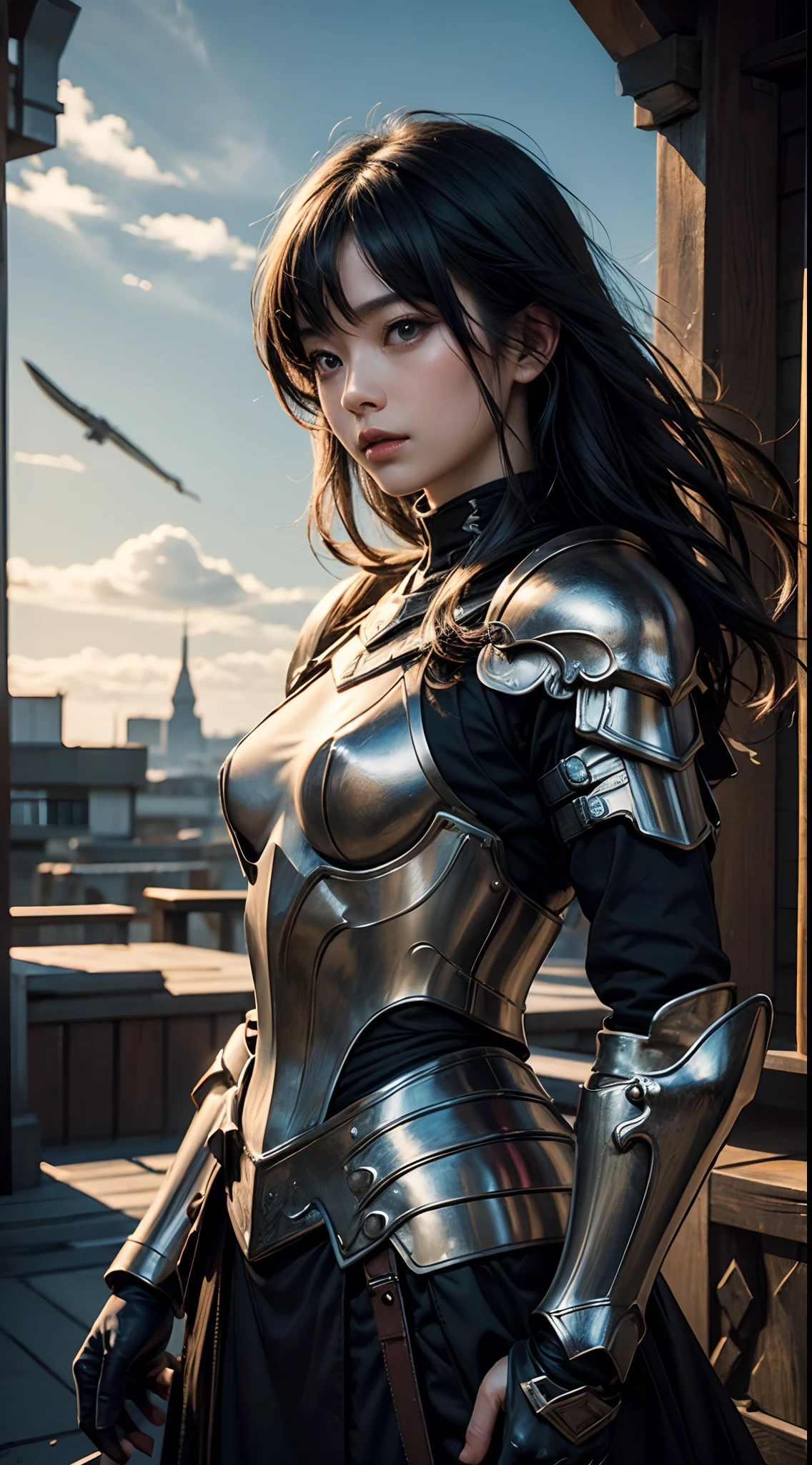 (8K, Raw photography, top-quality, ​masterpiece:1.2),  One Woman、Japan at the age of 18,fullllbody.{scinematic angle、Wide Angle、Don't split the screen、}（Realistic Skins 1.4）、（valkyrie、Valkyria）、（（（Western knights、Plate armor covering the whole body、Metal armor、nffsw、Holding the Great Sword）））、（（（Sky with light、Asgard））、50mm Lens、30mm film、wide angles、（short-cut、bobhair）、（A dark-haired、The forehead is hidden by bangs、）、Black eyes、shinny skin、beautiful detailed hair、Beautiful delicate face、Beautiful delicate eyes、｛tiny chest、small tits、muscular body、｝、