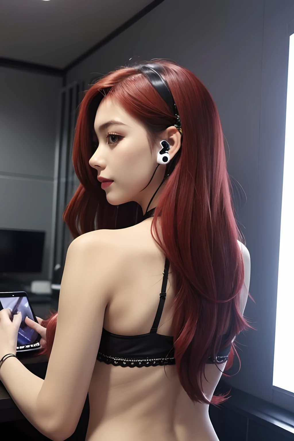 1girll,playgame,From the side,From behind, Red hair,Large display,Earphone