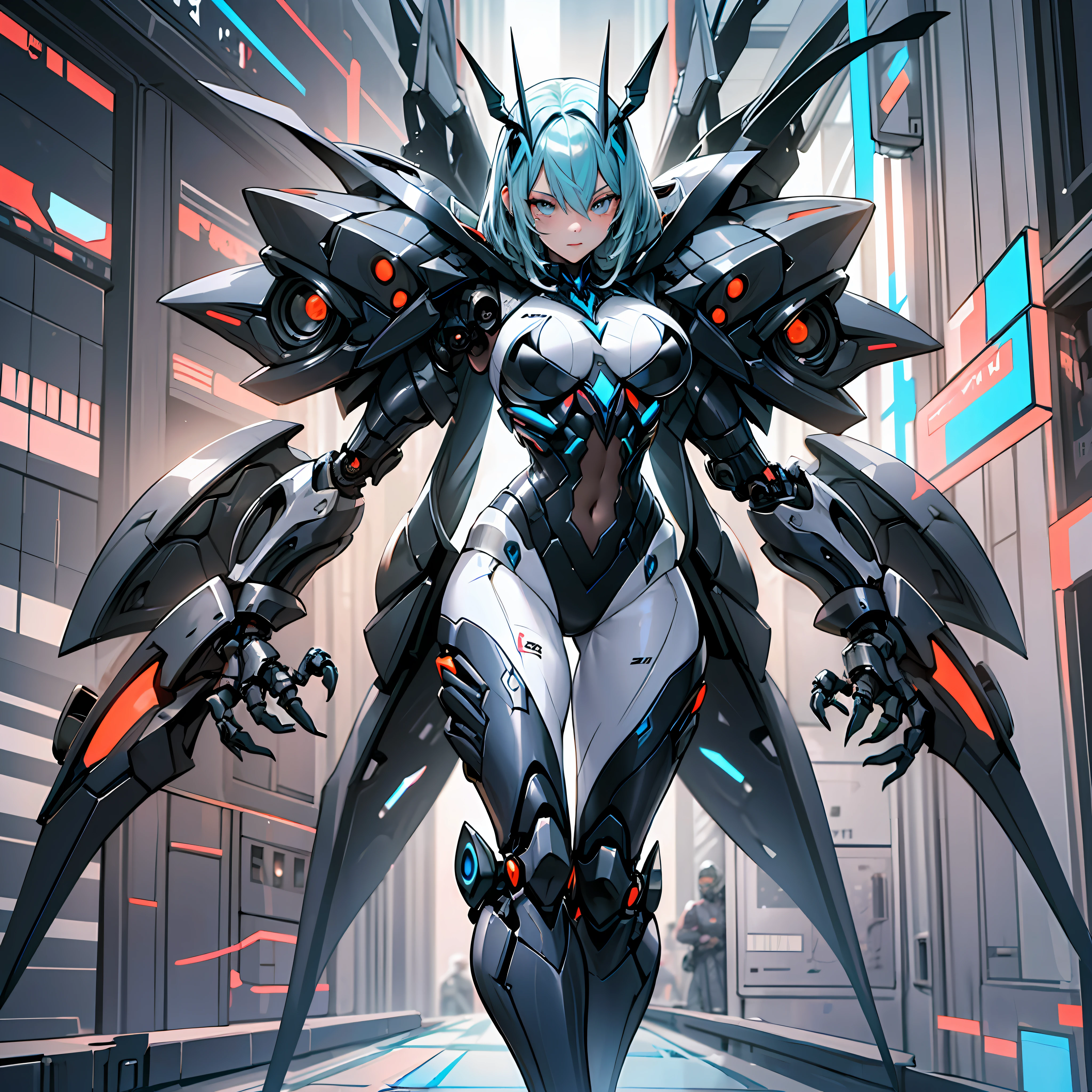 (Dark Environment: 2.0) Closed room, a girl armor with intoxicating curves, enchanting charm, and plump breasts, with a high degree of anthropomorphism, the armored body is a body with female human signs, the female human body is wearing a white one-piece rubber suit, the armor color is white, the armor surface is decorated with random symmetrical blue gemstones, the character's face is replaced with a mechanical, the vivid mechanical face is cute, the mecha is parasitized by red mechanized octopus tentacles, the mechanical tentacles and the host body are perfectly integrated, The mechanical tentacles are perfectly integrated with the host organ, the armor has obvious red tentacle features all over the body, the clothes on the chest are replaced by red three-point underwear formed by the winding of mechanical tentacles, the white chest that exposes human signs, the clothes of the butt are replaced by red thongs formed by the winding of mechanical tentacles, the white lower abdomen that exposes human signs, there are no extra tentacles around the character, the armor shows its back and hips, from the back of the character, only one armor is rendered, there is no other armor in the picture, healthy, well-proportioned, Natural, properly proportioned, dynamic posture, human anatomy, correct proportions, smooth lines, two healthy arms, two well-proportioned legs, flexible fingers, stable gait, appropriate limb length, uniform muscle development, coordinated movements, correct range of motion for arms and leg joints, stable back, even leg spacing, balanced upper body posture, natural separation of legs, relaxed hip muscles, coordinated contraction of leg muscles, healthy and flexible hands, well-proportioned and robust legs, suitable and comfortable high heels, Good foot posture, ergonomic hand design, stable support for the feet, feet wearing mechanical heels, suitable shoe size, sensitive finger joint movement, steady steps and steady steps,