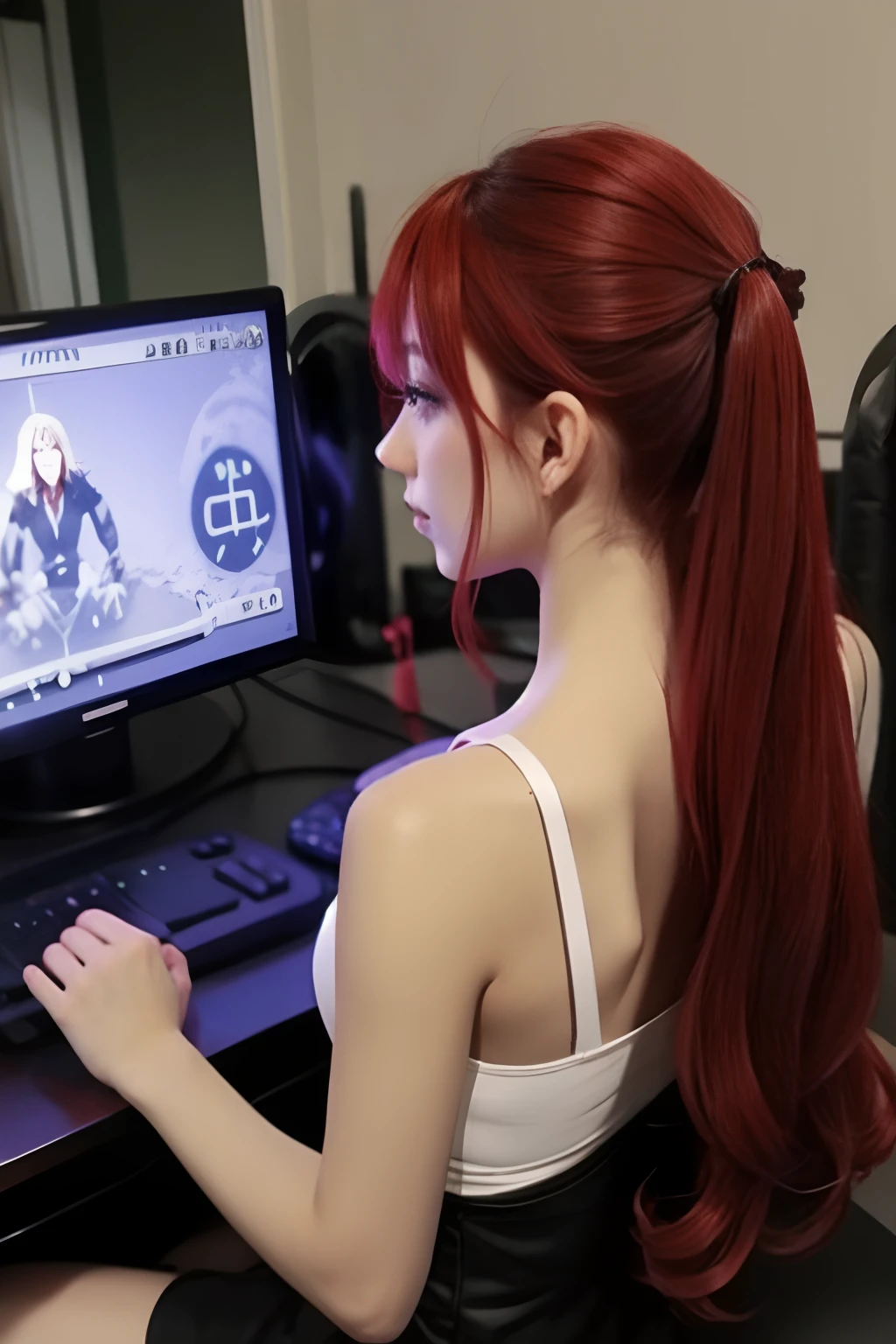 1girll,playgame,From the side,From behind, Red hair,Large display