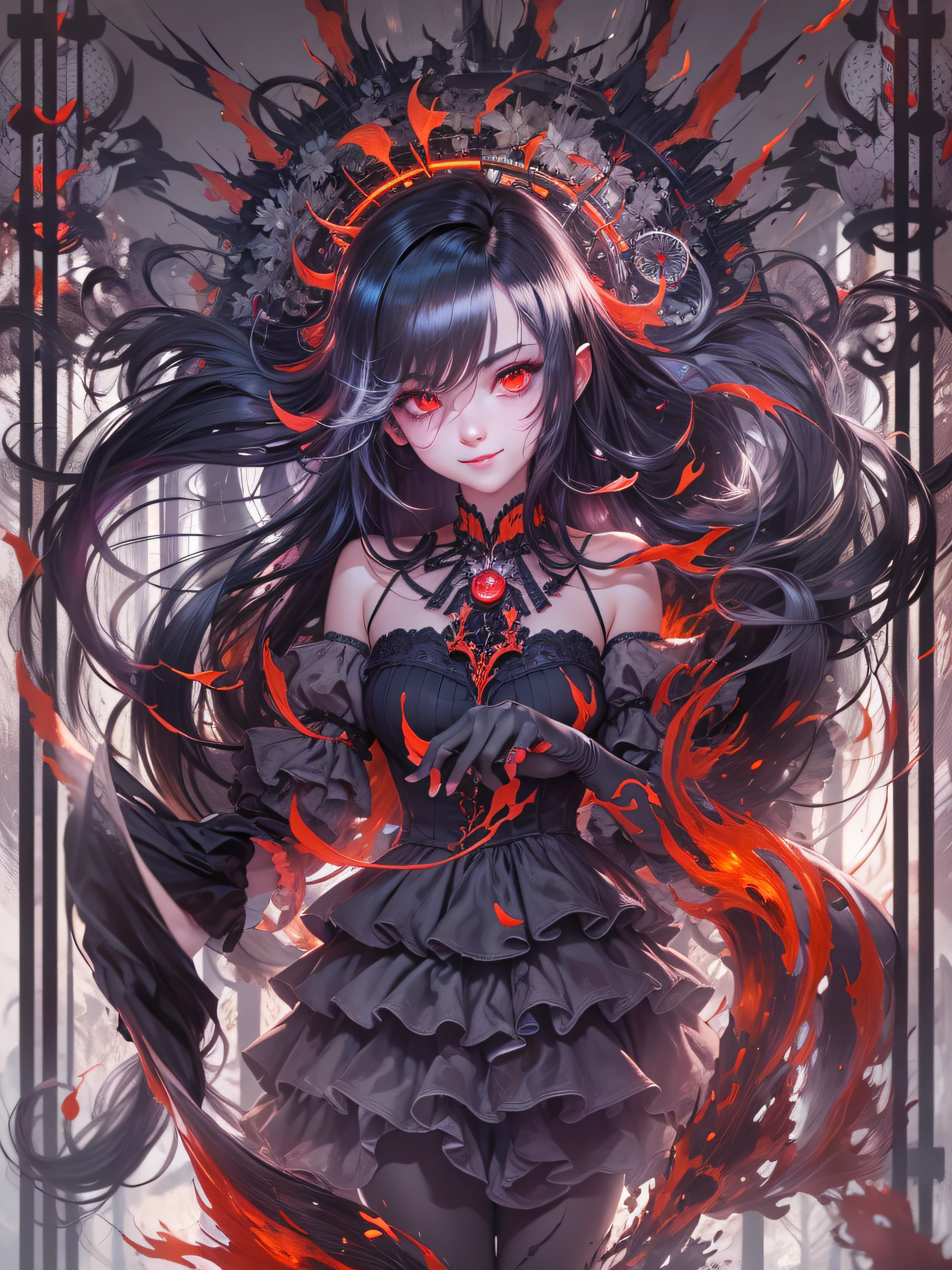 black hair, longeyelashes, evil smile, red eyes, anime, Surrealism, rococo style, high detail, Gothic art, Romanticism, anime style, Cubism, motion lines, god rays, panorama, three sided view, chromatic aberration, 8k, super detail, ccurate, best quality, 8k, HD, 1080P, high quality, high details, super detail, UHD, anatomically correct