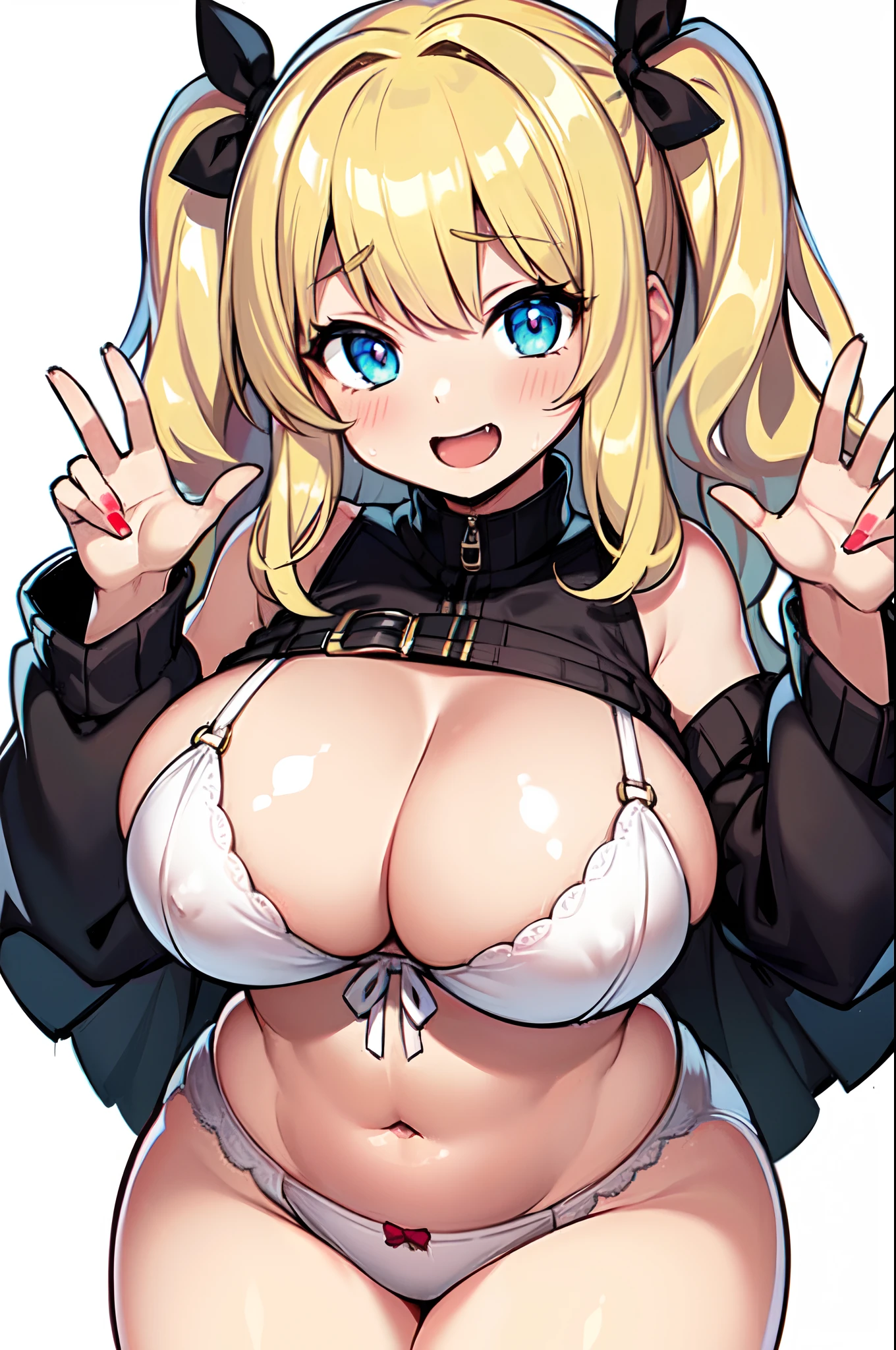 ((masterpiece)), ((best quality)), (dynamic pose nsfw), //, a cute girl, 1girl, solo, //, (SFW bra), underwear, //, beautiful Golden blonde hair, ((beautiful eyes)), white-skinned, Long curly hair, big breasts,  Voluptuous body, //, blush, laughing, cowboy shot, gradation, //, (ハート monogram pattern of white background), //, shiny-glistening, shiny body, gleaming