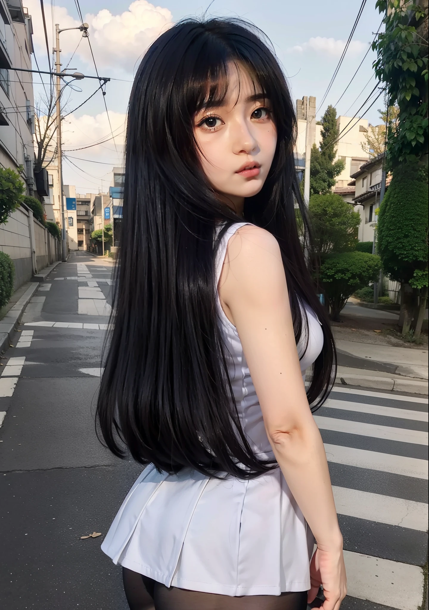 Real life adaption of this character,her name is hinata Hyuga from anime Naruto, she has realistic long hair, the back is neatly cut, while the hair on the front Bangs until her forehead is closed, She wears the exact same clothes but makes them more realistic, more realistic tights shorts,For her face she has beauty Japanese face, beautiful eyes and details, and for the background it is made to be very realistic, lighting and shadows also make it realistic, photography,realism,