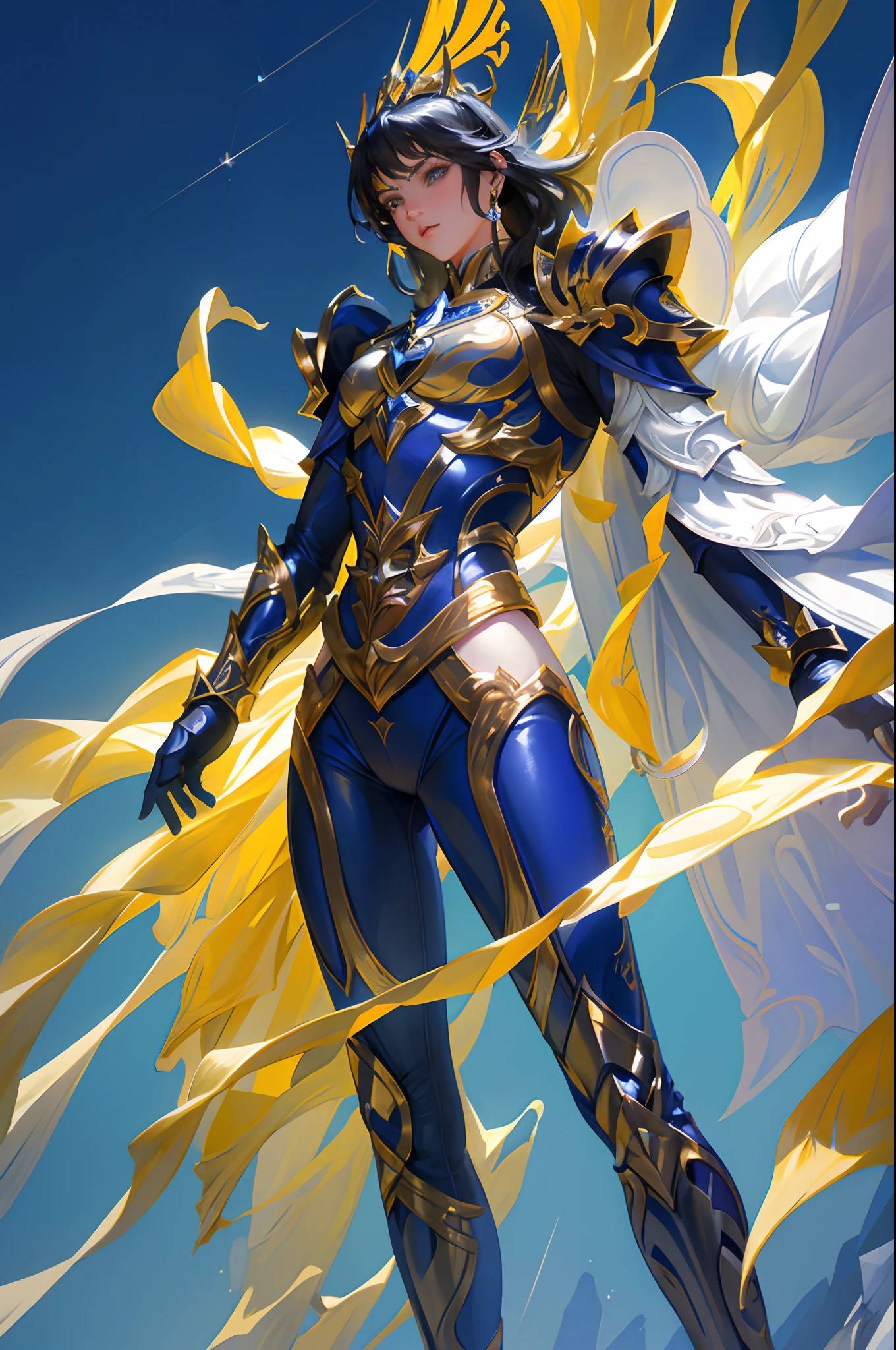 Ultra-high saturation，（tmasterpiece）， fully body photo，（best qualtiy）， （1girll）， starryskybackground，Wearing shiny gold armor， Sexy lingerie type armor，Expose your chest，Expose the waistline，Exposing thighs，cool-pose， Saint Seiya Armor， messy  hair，high detal, Anime style, Cinematic lighting, Sparkle, god light, Ray traching, filmgrain, hyper HD, textureskin, super detailing, Anatomical correct, A high resolution，Ultra-high saturation，hight contrast，High-gloss armor，Smooth skin，Serious expressions,Dark room,