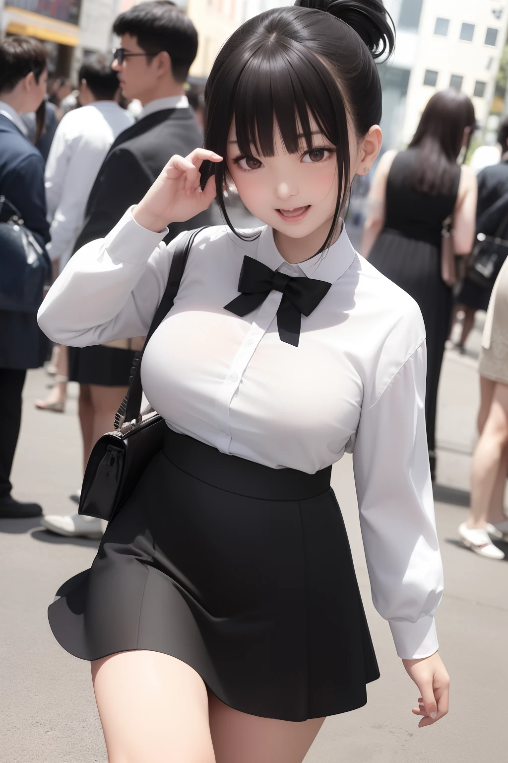 Photo Real、photoRealstic、ultra-detailliert　独奏、A dark-haired、Short Side Lock、Blunt bangs、Long ponytail　Narrow-eyed、with round face、Plump cheeks　skinny  body、、large full breasts　Clothes with a white collar、Black skirt　Laughing expression、Facial expressions to enjoy、Have fun　Background with、In the street、It is crowded with people