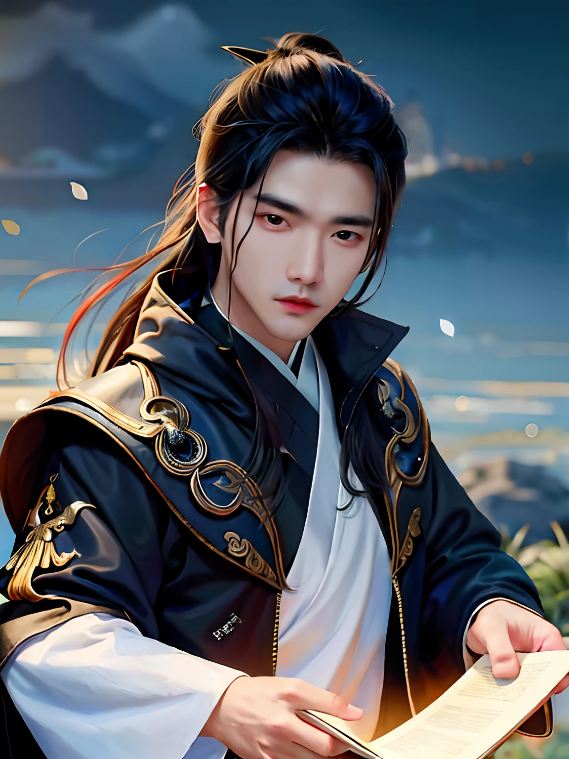 Close-up of man with a sword near a building, handsome guy in demon killer art, Beautiful androgynous prince, by Yang J, Cai Xukun, Delicate androgynous prince, Inspired by Zhang Han, male anime character, yanjun cheng, Inspired by Zhao Yuan, heise jinyao, Male anime style, sakimichan