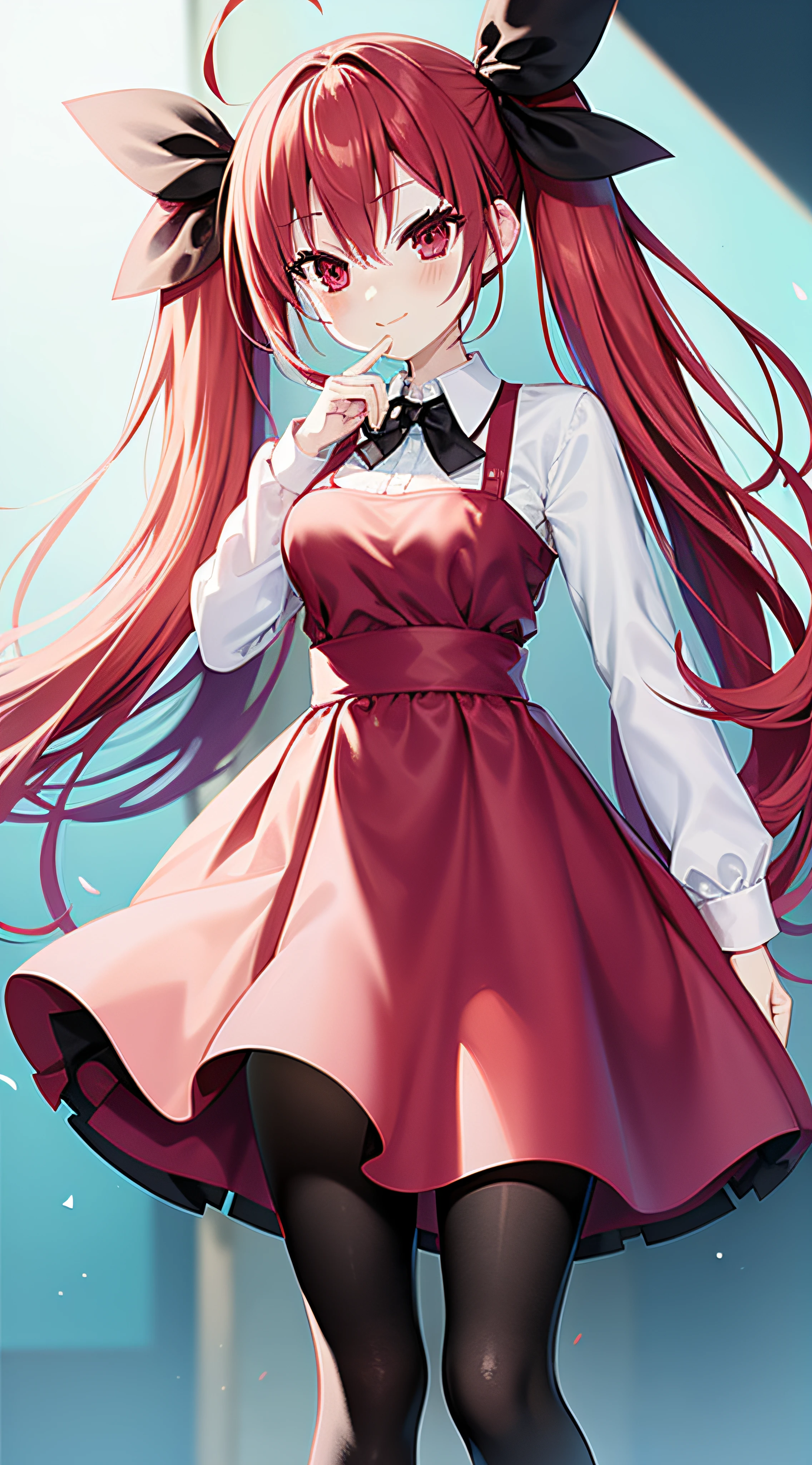 anime girl, alone, red hair, Medium breast, Shaded dress, blue dress, skirt, a black bow and a white bow on her hair, long hair, tights, smug