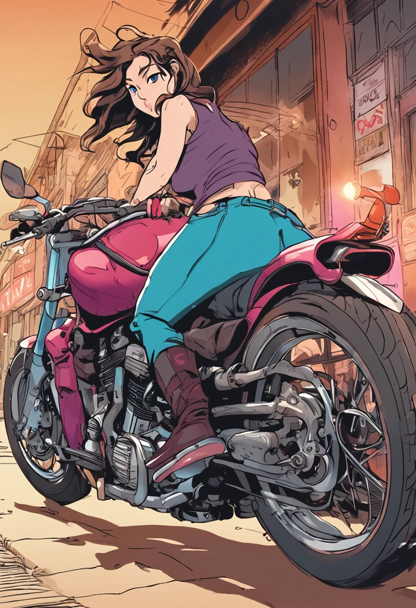 anime big breast,Girl riding a motorcycle,Dogs chase motorcycles