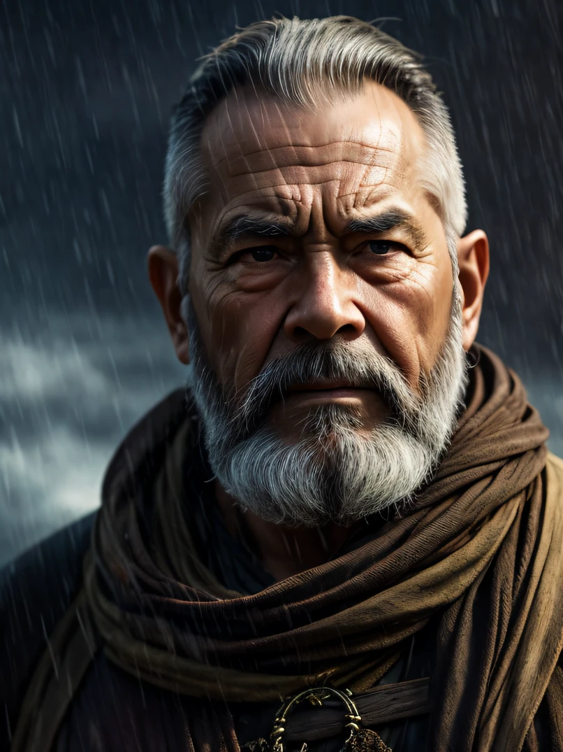 ((top-quality))、((masterpiece))、(inky)、Solemn and complex detailed soft oil painting、1man、(closeup portrait)、3/5 shots、face lights、Old Grizzle Medieval Warrior、War-weary elderly grandfather、war paint、well-muscled、Gray beard、Shaved head、top knot、Wet fur armor、tired eyes、Logging and grazing、(Dramatic rainy fjords、Ocean Channel、rocky hills:1.2)、at noon、Depressive Atmosphere、Blowing rain、(Back lighting:1.3)、hight resolution、depth of fields、(deep-shadows:1.2)、high detailing、foco nítido、suave、Roughness、nffsw、Real life、photorealisim、a picture、photographed:Lord of the Rings stills|God of War|Wrath of the Titans|lighthouse、watching at viewers、Detailed hand depiction