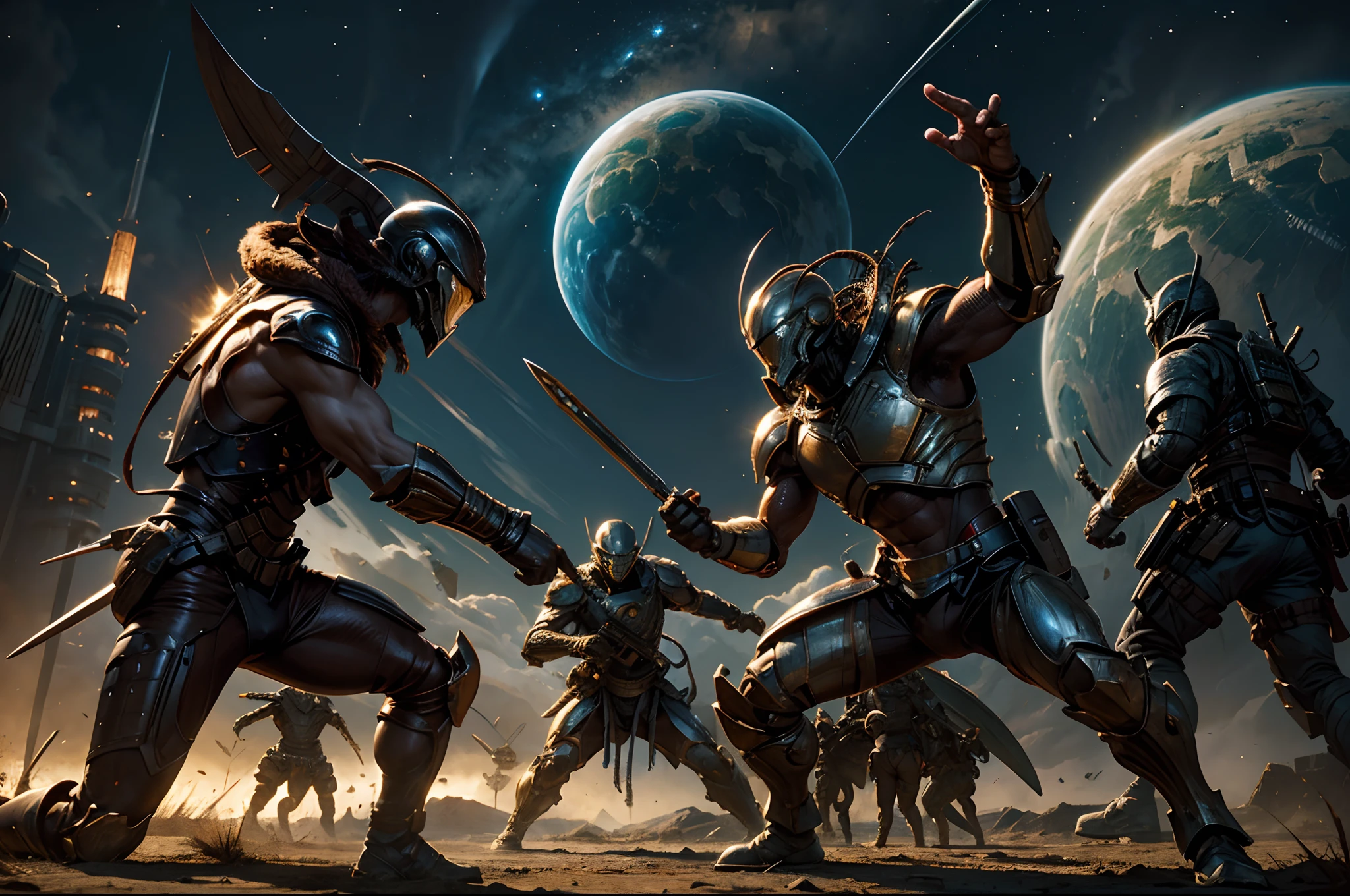 masterpiece、top-quality、Alien Warrior、brown skinned、Rich in nature、battle field、Unknown Planet、full body Esbian、Dynamic angles、Dynamic Poses、