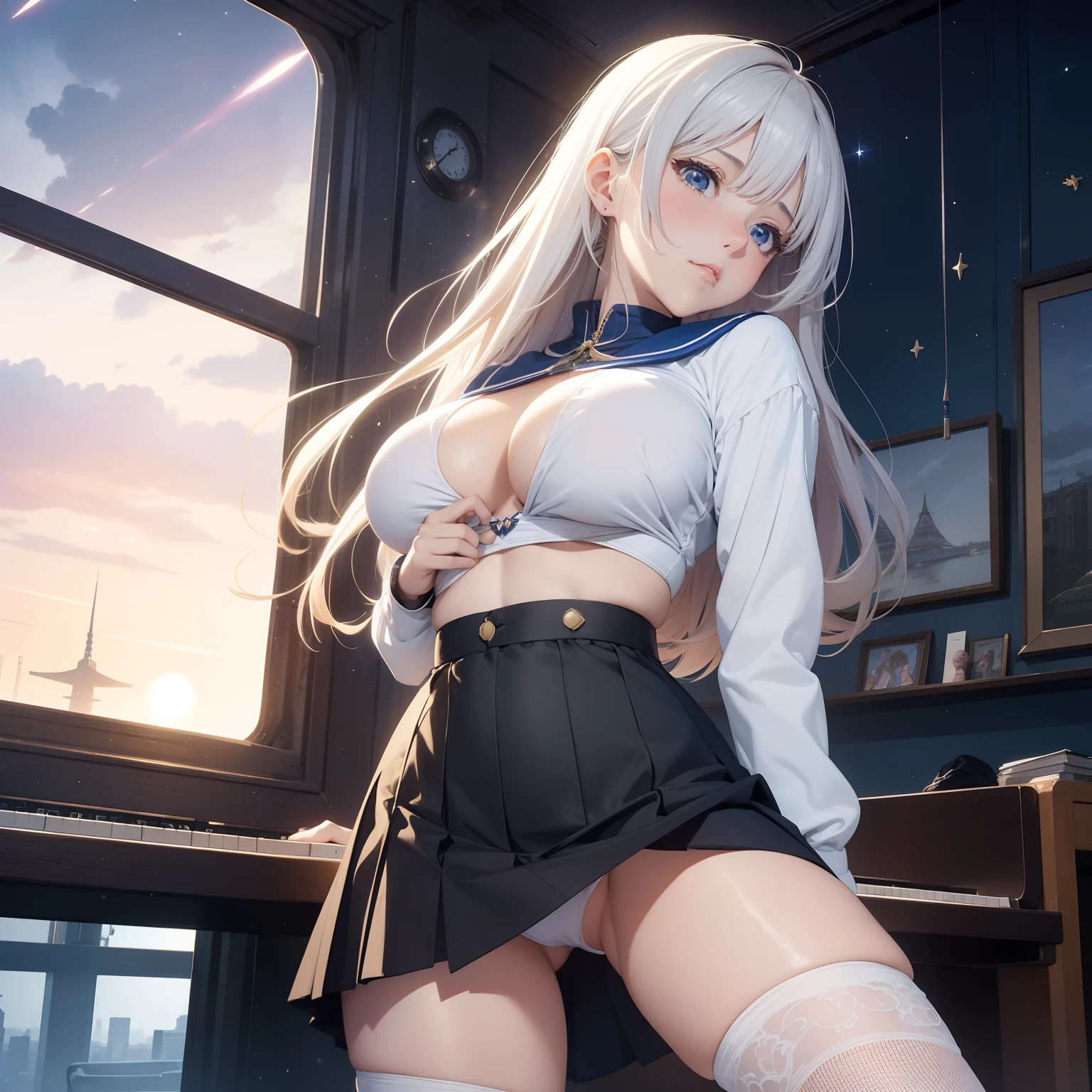 Moebius, Jean Giraud, kate Greenaway, animesque　wondrous　strange　Whimsical　Sci-Fi Fantasy　Piano playing in the air　Super Miniskirt High School Girl　a beauty girl　Navel Look　no-bra　spread legs　Skirt flipped up　You can see your  and very tiny white string panties in full view　embarrassed from　Floating in the night sky　birdseye view　Tokyo Night Train　solo girl, very very huge  very large , hyperdetailed high resolution masterpiece  Half close up looking up to girl from below