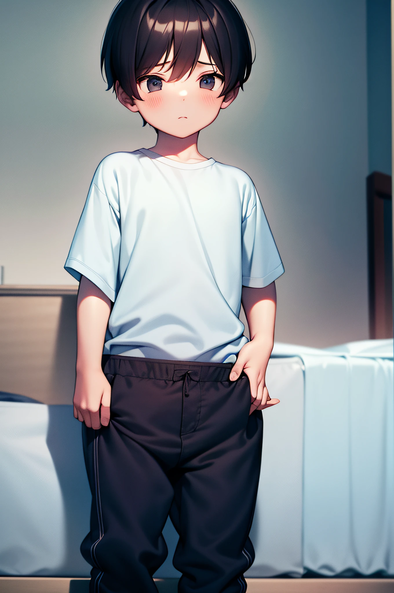 Anime boy in front of bed,Fresh bed linen,Smooth anime CG art,Full body illustration style shorts portrait!Delicate digital anime illustration,Tall boy in soft lighting,Blue eyes are attractive,Soft detail anime illustration,It is as if the digital rendering of Makoto Shinkai's work,Anime guy in comfortable and loose pajamas,casual-style。