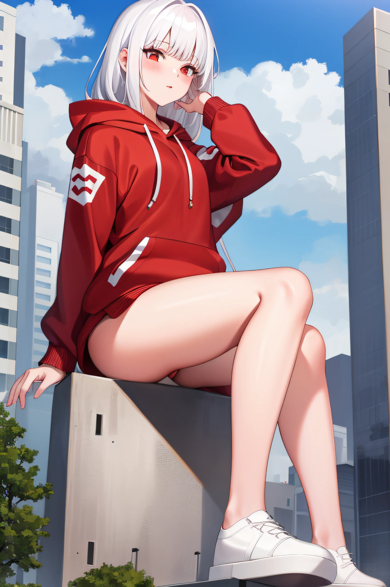 White hair,Red hoodie,lower naked,Viscous ,white stockings,beauty legs