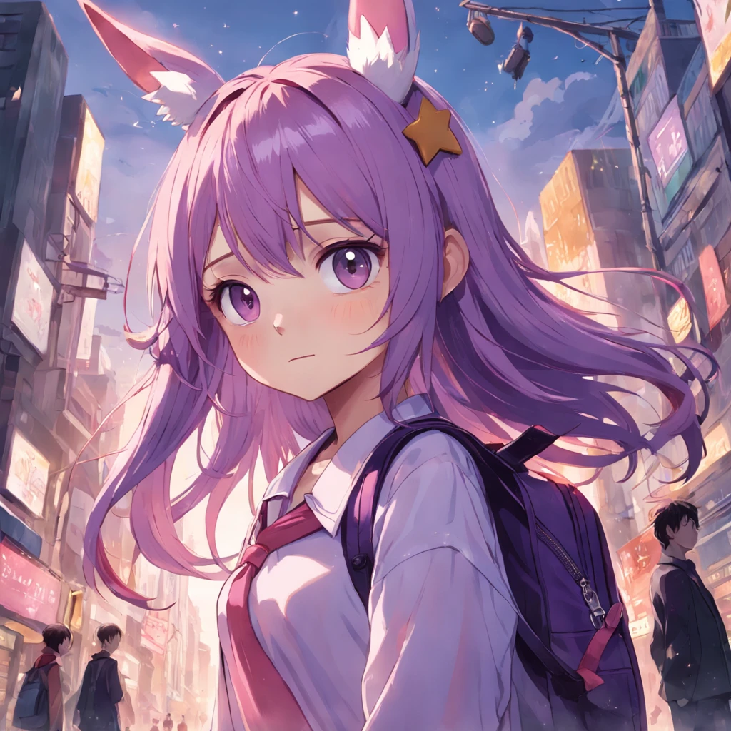 best qualtiy,超A high resolution,unicorn,Burst mode,Purple colored hair,is a little girl in the third grade,Lilac dress,carrying a red school bag,The color of hair is darker than the color of clothes,The top of the head has a star-shaped eggshell print along with the hair,Pale pink,Don't rabbit ears,cat ear,There should be no decorations on the head,The background is the street,The face is a little red,It's looking sideways at you,The color of the hair is lilac,There is a tie on the shirt with two buttons