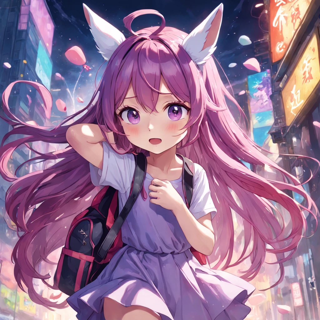 best qualtiy,超A high resolution,unicorn,Burst mode,Purple colored hair,is a in the third grade,Lilac dress,carrying a red school bag,The color of hair is darker than the color of clothes,The top of the head has a star-shaped eggshell print along with the hair,Pale pink,Don't rabbit ears,cat ear,There should be no decorations on the head,The background is the street,The face is a little red,It's looking sideways at you,The color of the hair is lilac,There is a tie on the shirt with two buttons