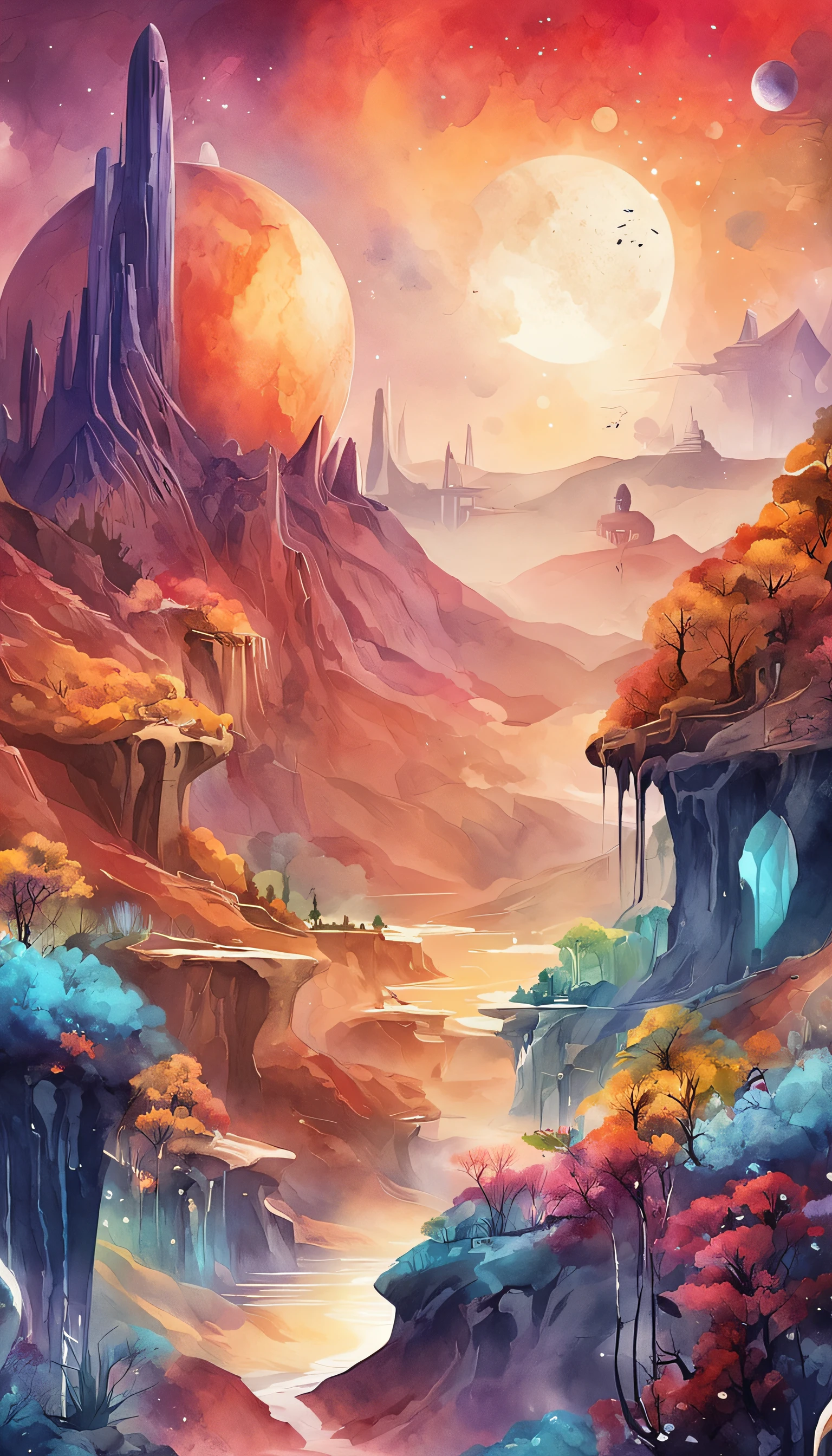 Colorful futuristic space illustration,There's a planet in the middle, a beautiful artwork illustration