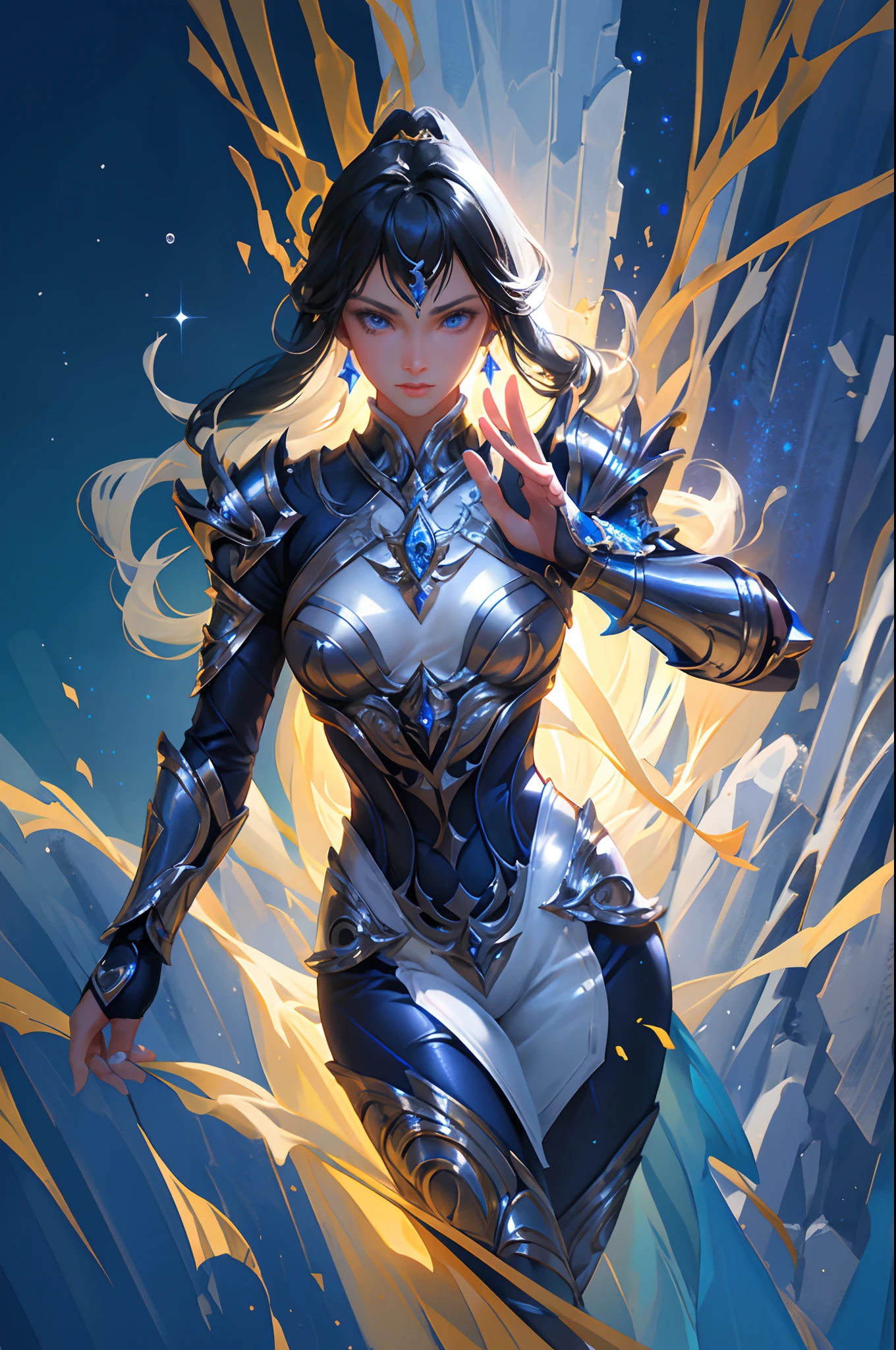 Ultra-high saturation，（tmasterpiece）， fully body photo，（best qualtiy）， （1girll）， starryskybackground，Wearing shiny gold armor， Sexy lingerie type armor，Expose your chest，Expose the waistline，Exposing thighs，cool-pose， Saint Seiya Armor， messy  hair，high detal, Anime style, Cinematic lighting, Sparkle, god light, Ray traching, filmgrain, hyper HD, textureskin, super detailing, Anatomical correct, A high resolution，Ultra-high saturation，hight contrast，High-gloss armor，Smooth skin，Serious expressions,Dark room,