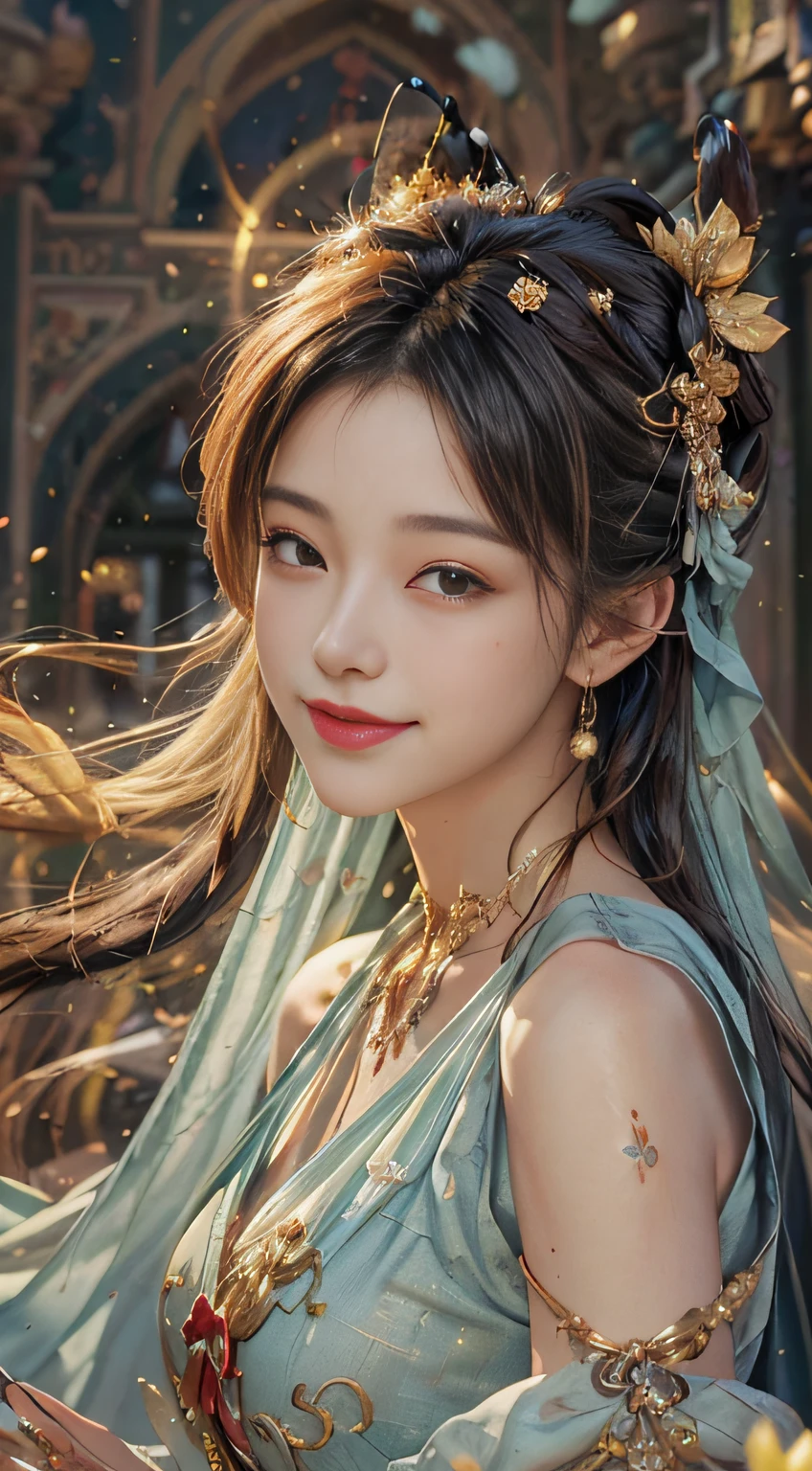 A close up of a woman in a blue dress with a flower in her hair - SeaArt AI