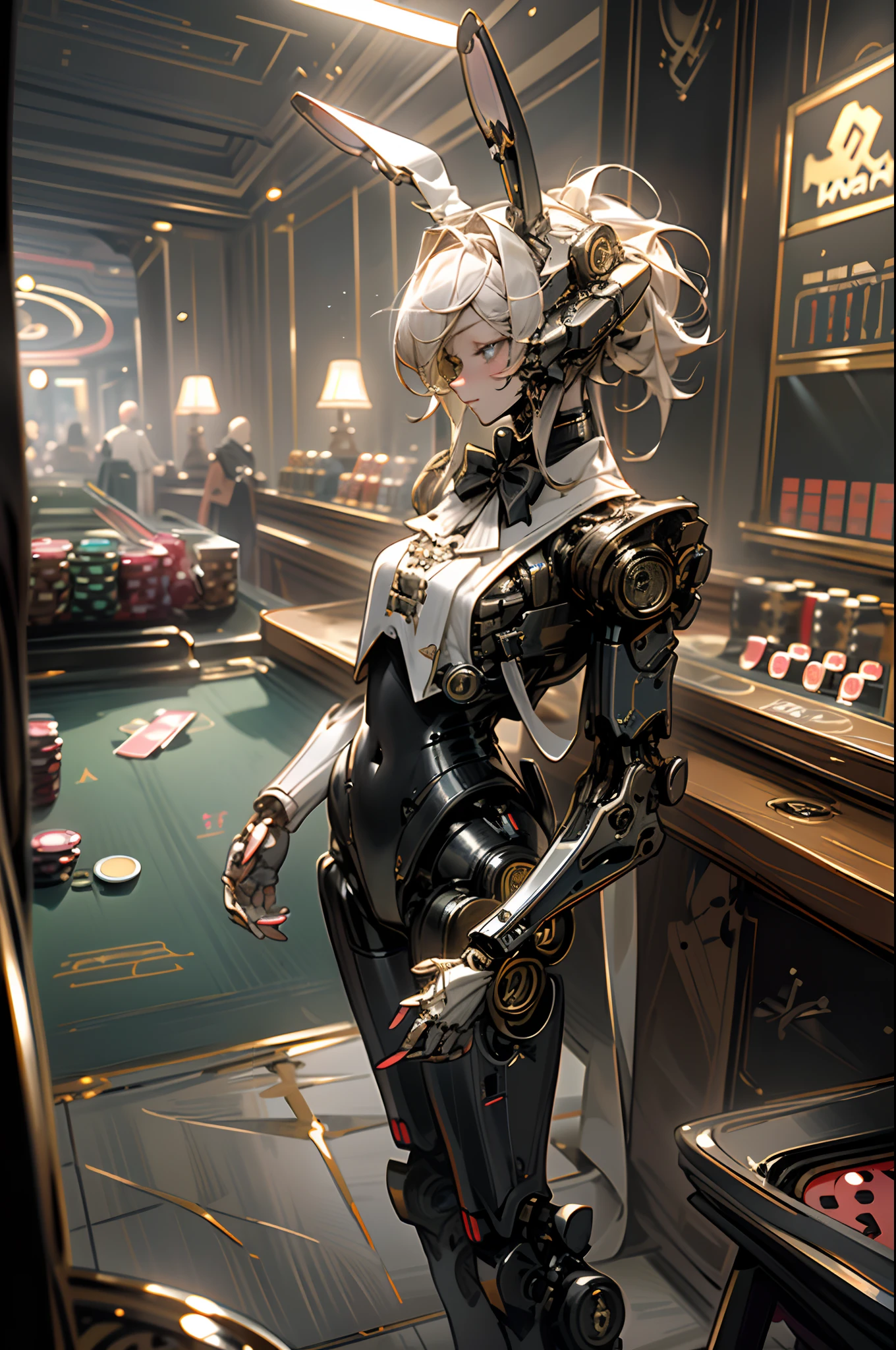 (top-quality、in 8K、32K、masterpiece、nffsw、ighly detailed、Impresionismo:1.2)、Full body, (Casino、in a house:1.4)、deep-shadows、beauitful face、blurry backround、20-year-old beauty、Machine body、(Robot Dealer:1.5),Eyes glow Bunny Girl、Because it is made of metal、a bow tie、Machine Bunny、、Metal rabbit ears、Curve