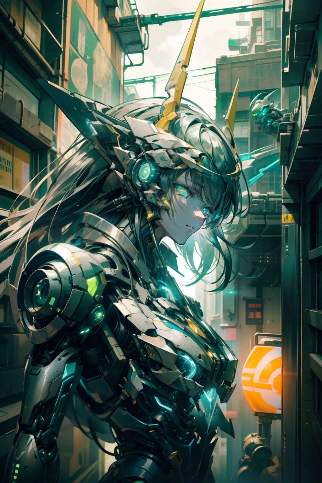 ​masterpiece、Near future、super elaborate、top-quality、ultra-detailliert、very detailed illustration、ighly detailed、intricate-detail、hight resolution、super complex details、Highly detailed 8k CG wallpapers、Caustics、Reflectors、Ray traching、1girl in:1.4)、独奏、Alone、(Blue_theme:1.3)、(greys_theme:1.3)、(mecha musume(green grass_theme:1.5)、mecha musume(amarelo_theme:1.1)、mecha musume、machine components、Robot Joint、echanical arms、mechanical legs、head gear、Complex mechanical bodysuit、Mechanical Energy Wing、Electromechanical parts、Cyber Parts、robotics、Energy Rifle(Mechanical sniper rifle)、)、Very long hair、Black and blue hair(Black and blue long)、 The eye((blue eyess、Yellow eyes、)(radiant eyes、)(Eye trajectory、))random facial expression、TOKYOcty(Shibuya)、城市、Night time、((Neon light、Blue Neon Light))、(细致背景、(Blue_theme:1.3)、(greys_theme:1.3)、城市、Building Street)、((​masterpiece))、absurderes、nffsw、(Classic Headshot Pose)、cyberpunkcity、​masterpiece、hight resolution、