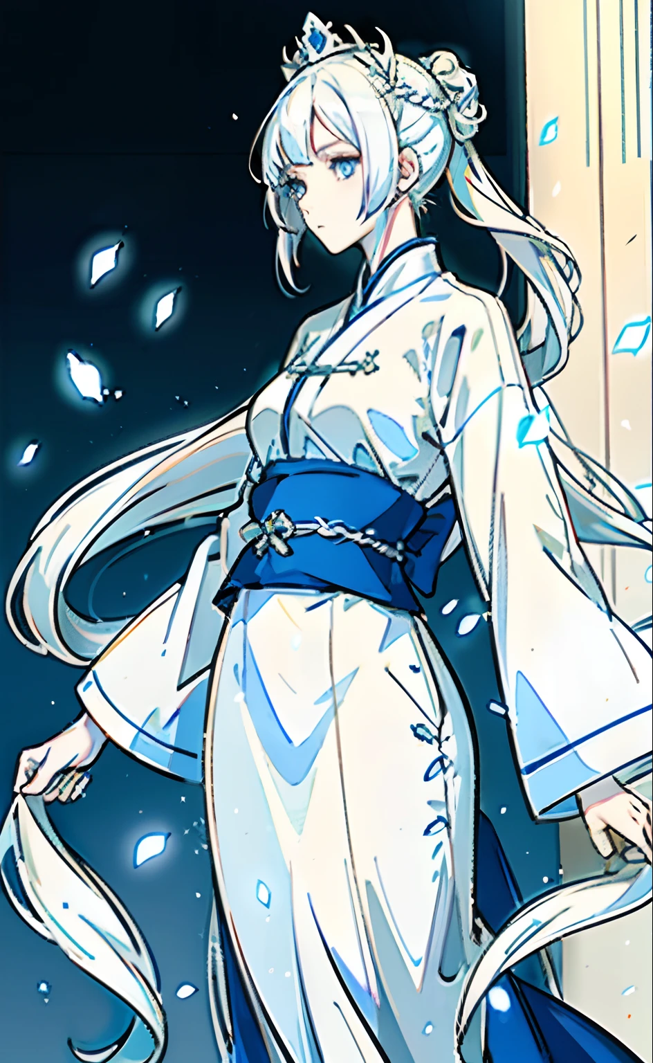 Anime 4K quality,Anime heroine,Royal Sister,White color hair,White-colored skin,long whitr hair,Single horsetail,Light blue eyes,Hanfu,swim wears