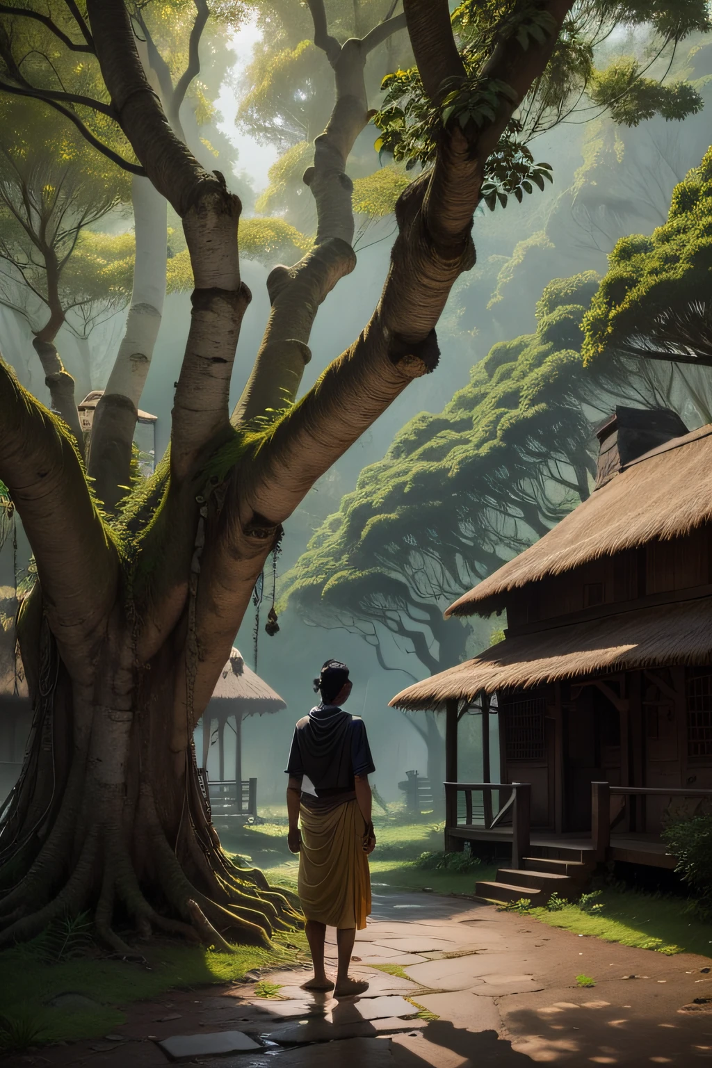 a village nestled amidst dense forests, with thatched huts and narrow pathways. The atmosphere is eerie, with villagers engrossed in superstitious practices. Create an image that depicts Kabir standing in the midst of the village, sharing his wisdom under a large banyan tree