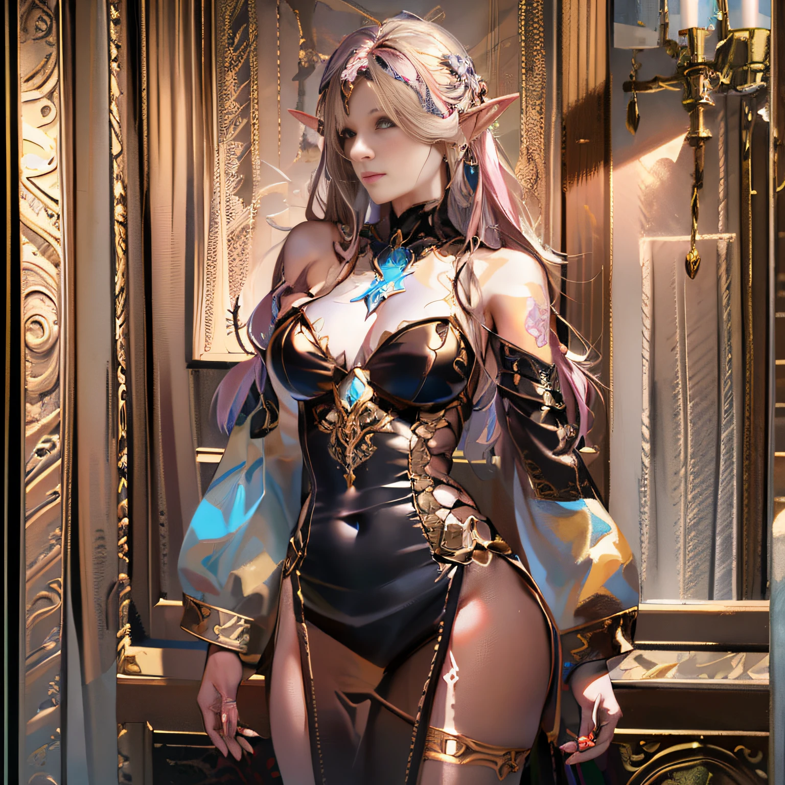 There is a woman in a costume posing for a photo, beautiful and elegant elf queen, Seductive elf princess, 2. 5 D CGI anime fantasy artwork, hyper-detailed fantasy character, beautiful elf with ornate robes, 3 D rendering character art 8 K, 8k octae render photo, stuning fantasy 3 d render, fantasyoutfit